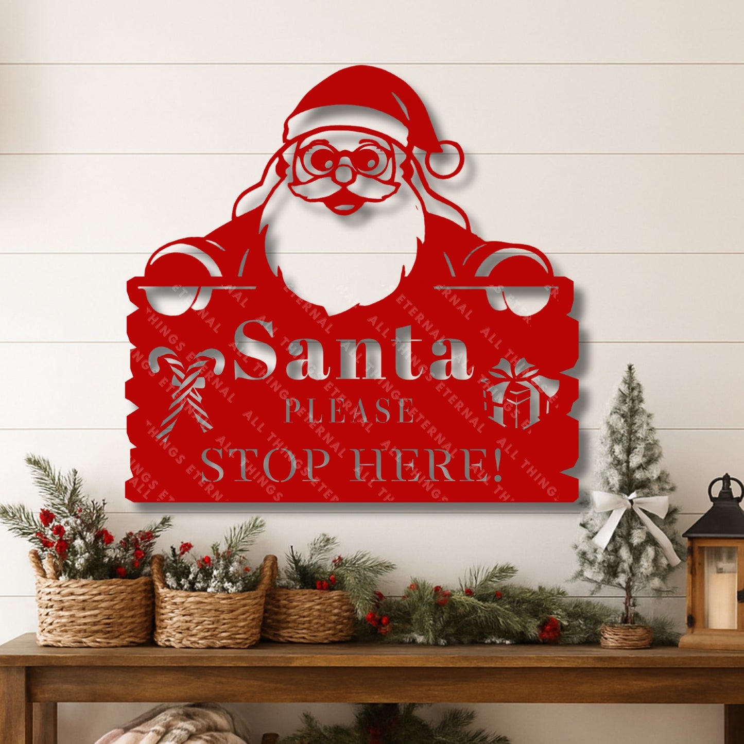 Santa Please Stop Here Metal Christmas Sign | Holiday Decor