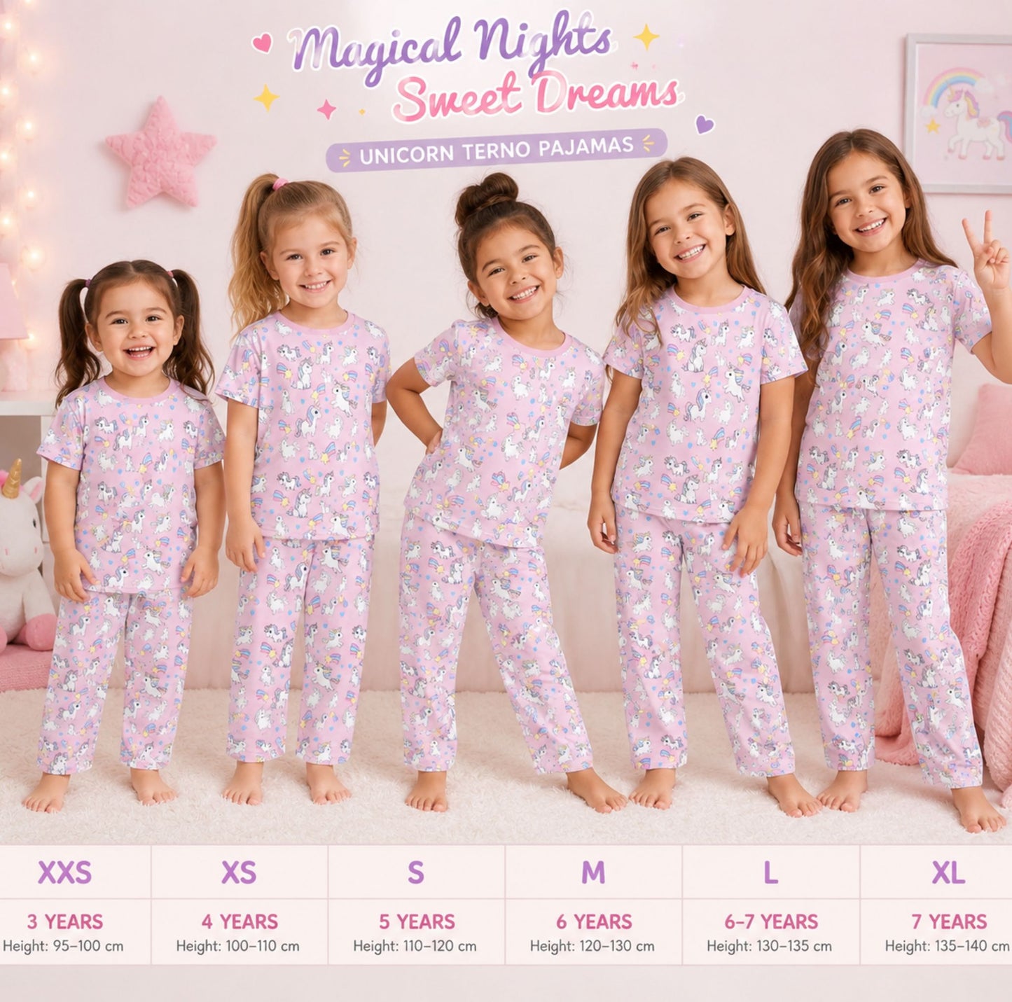 Cute Unicorn All-Over Print Girls Crew Neck Pajama Set