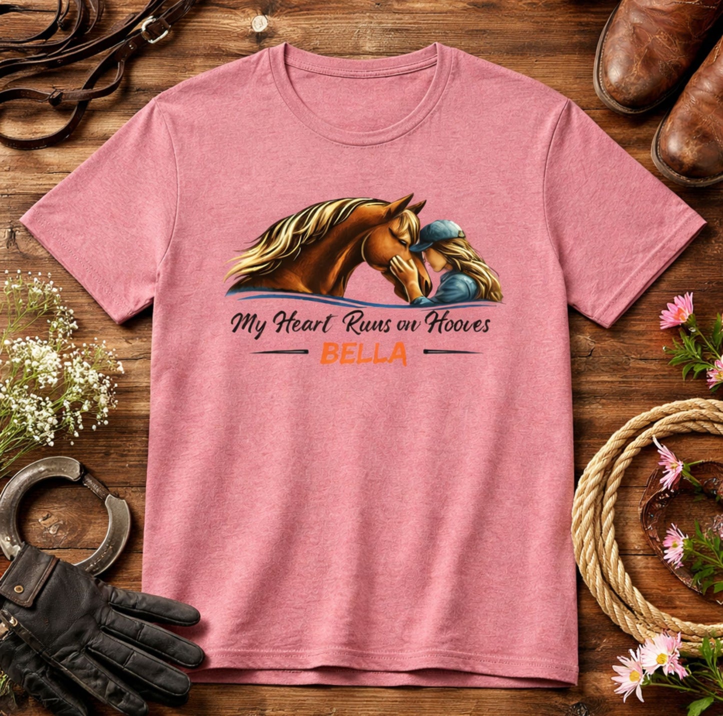 Horse Lover T‑Shirt - My Heart Runs on Hooves Personalized Bella Tee