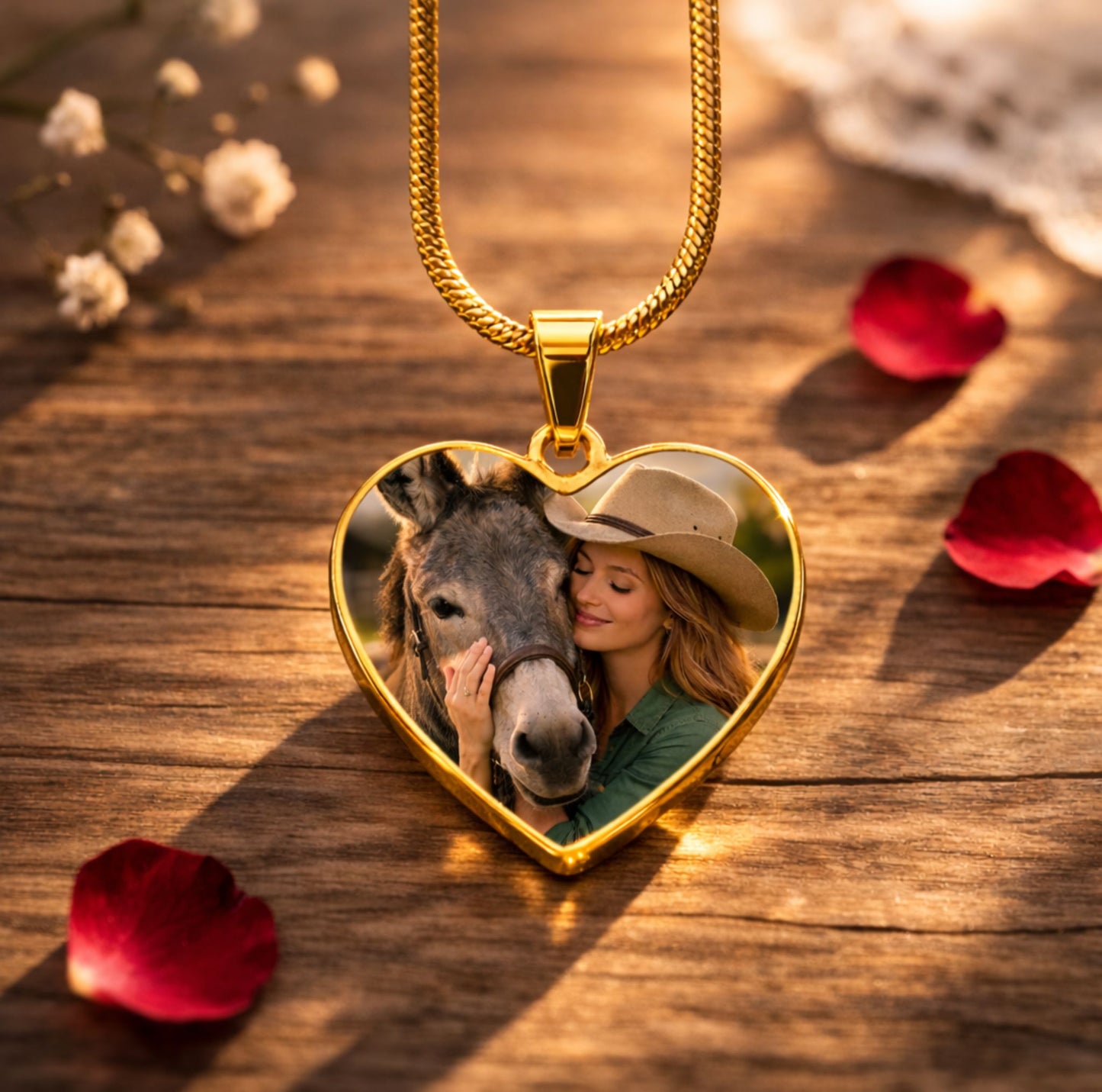 Custom Donkey Memorial Photo Heart Necklace with Message Card Gift
