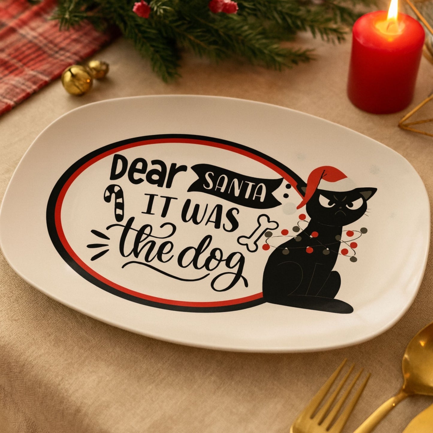 Funny Cat “Dear Santa It Was the Dog” Serving Tray – Holiday Platter