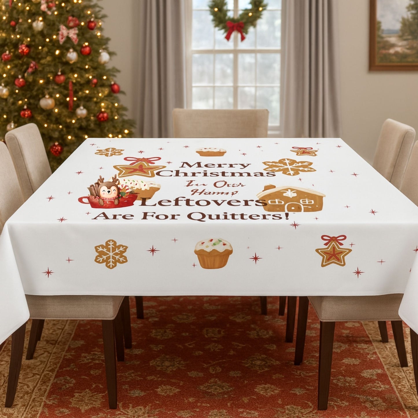 Leftovers Are for Quitters Funny Christmas Tablecloth for Family Dinners