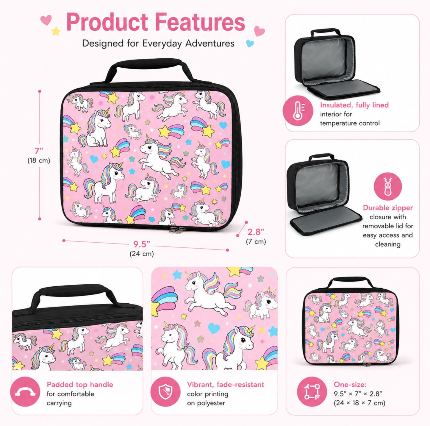 Stay Magical Unicorn Pattern Lunch Bag | Rainbow Stars Kids Lunch Tote