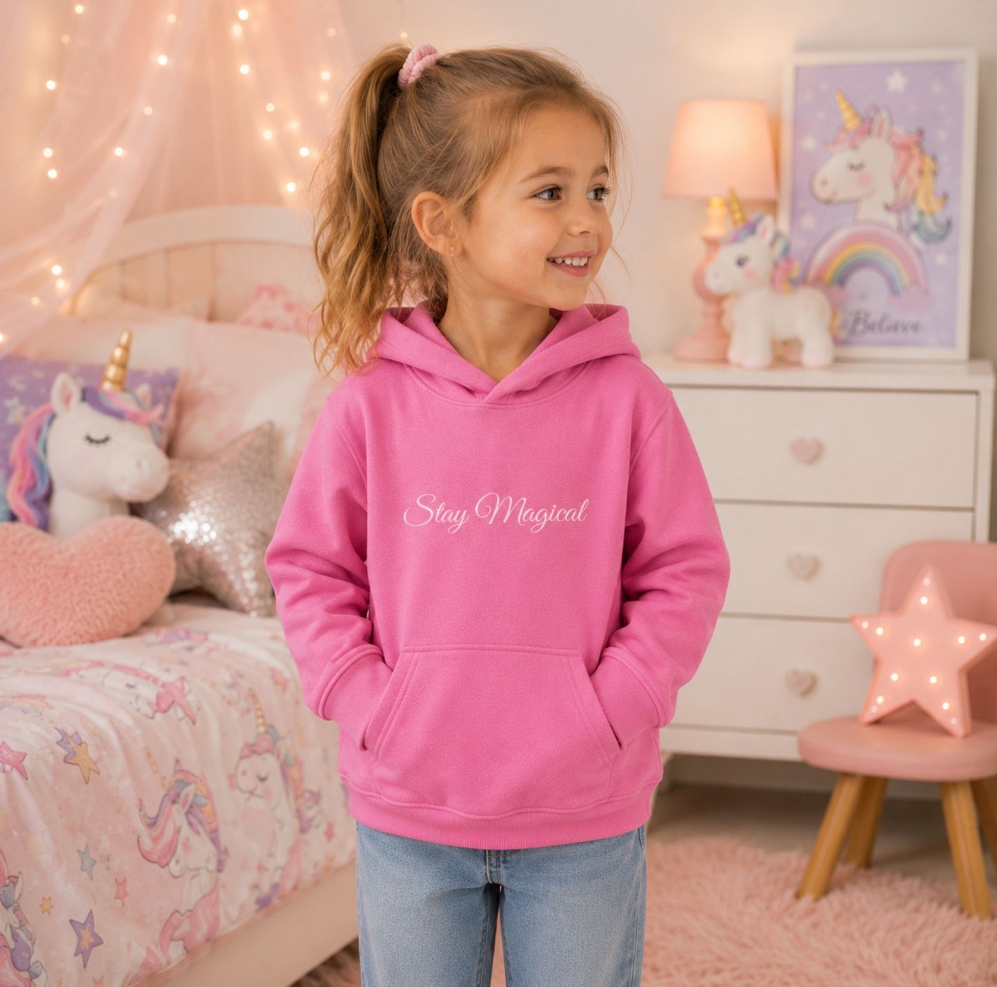 Kids Pink Unicorn Hoodie – Stay Magical Dream Big Pullover Sweatshirt