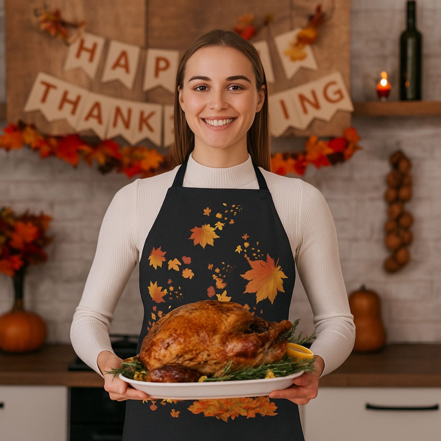 Black Fall Leaves Apron | Grateful Cooking & Thanksgiving Gift