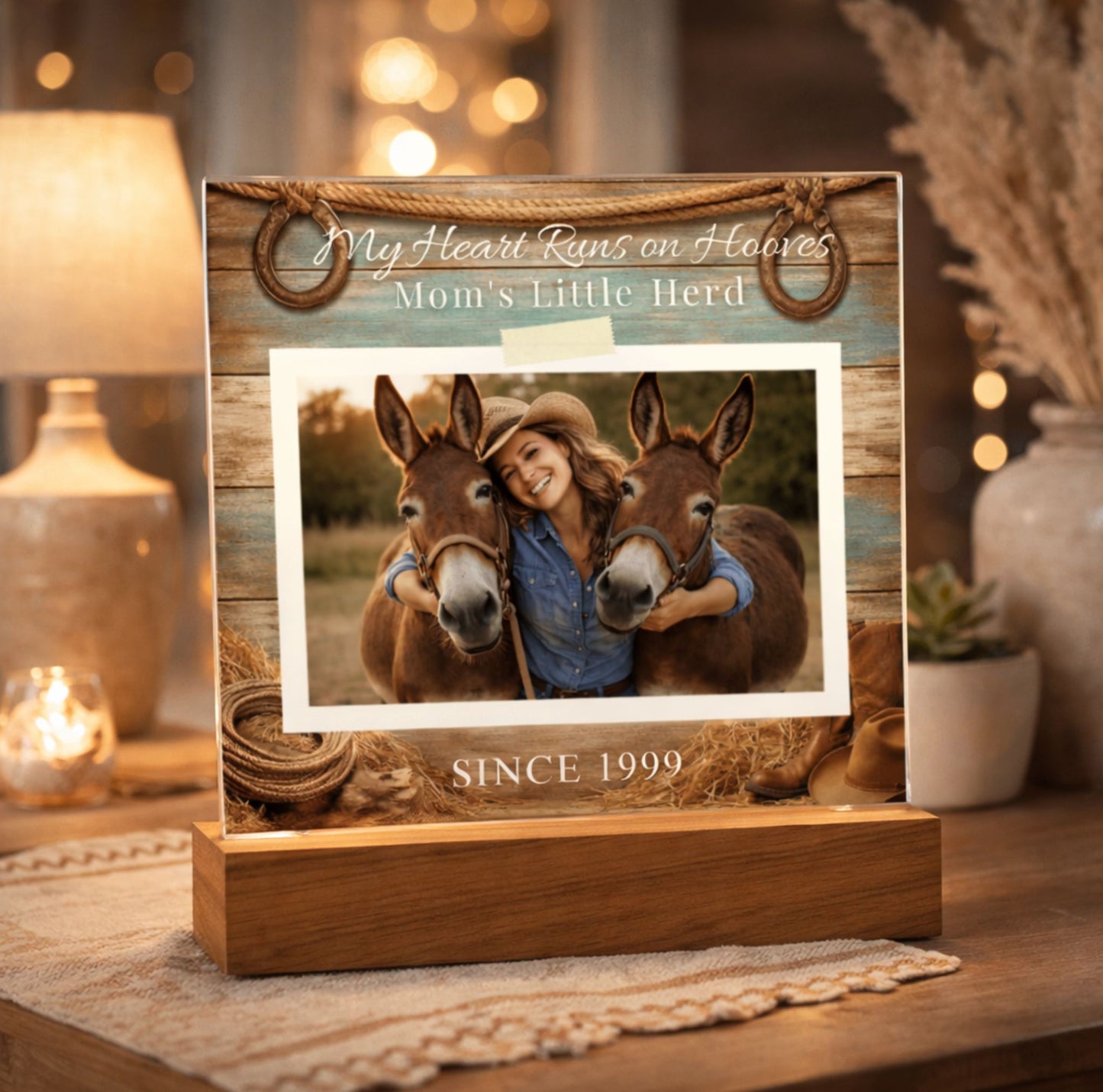 Personalized Mule Mom Photo Square Acrylic Plaque – My Heart Runs on Hooves With Name & Date