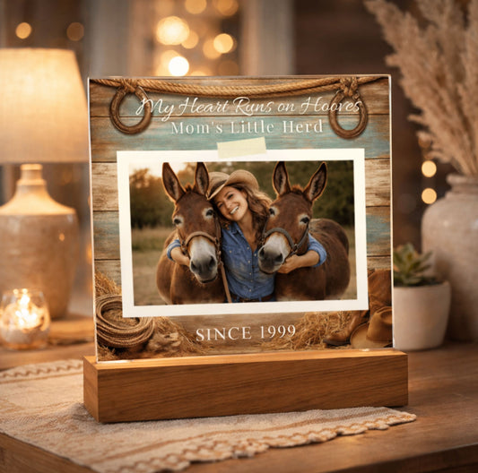 Personalized Mule Mom Photo Square Acrylic Plaque – My Heart Runs on Hooves With Name & Date