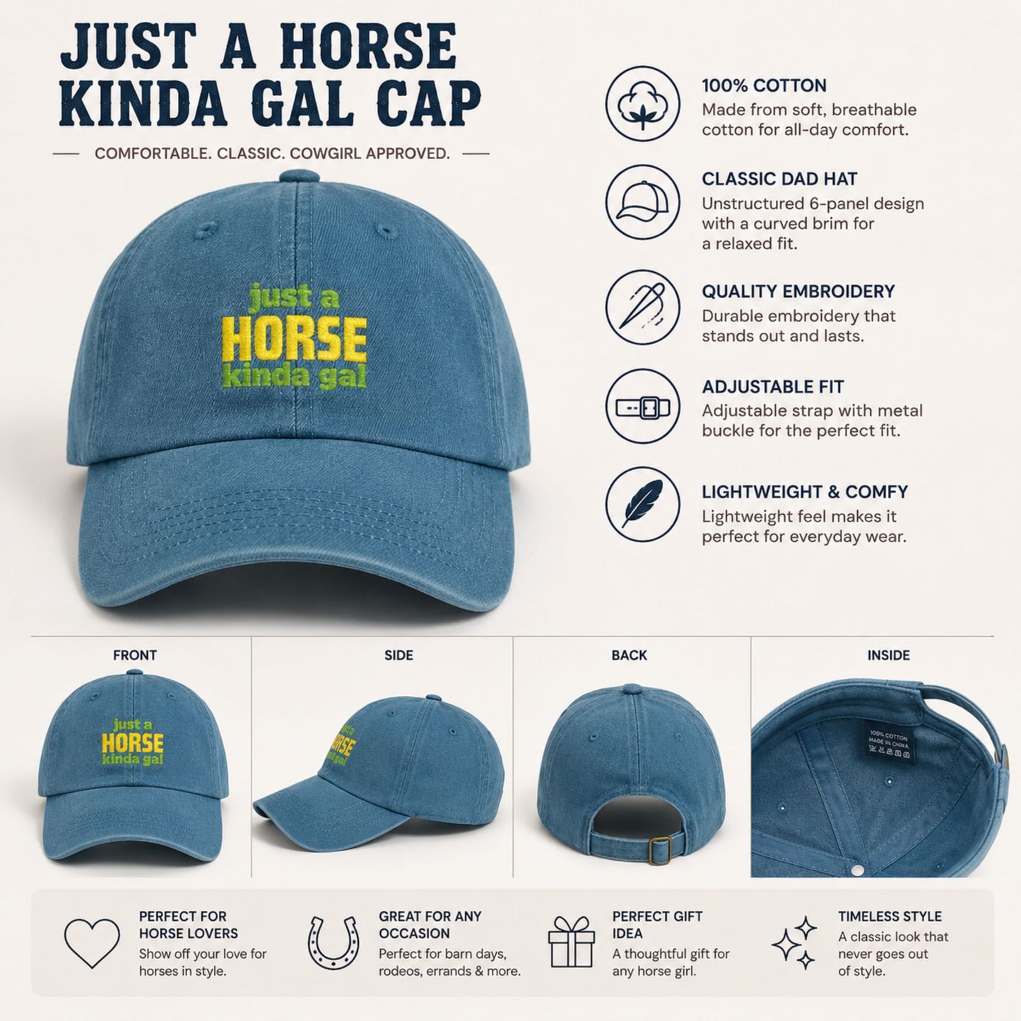 Just a Horse Kinda Gal Denim Hat — Embroidered Casual Baseball Cap for Horse Lovers
