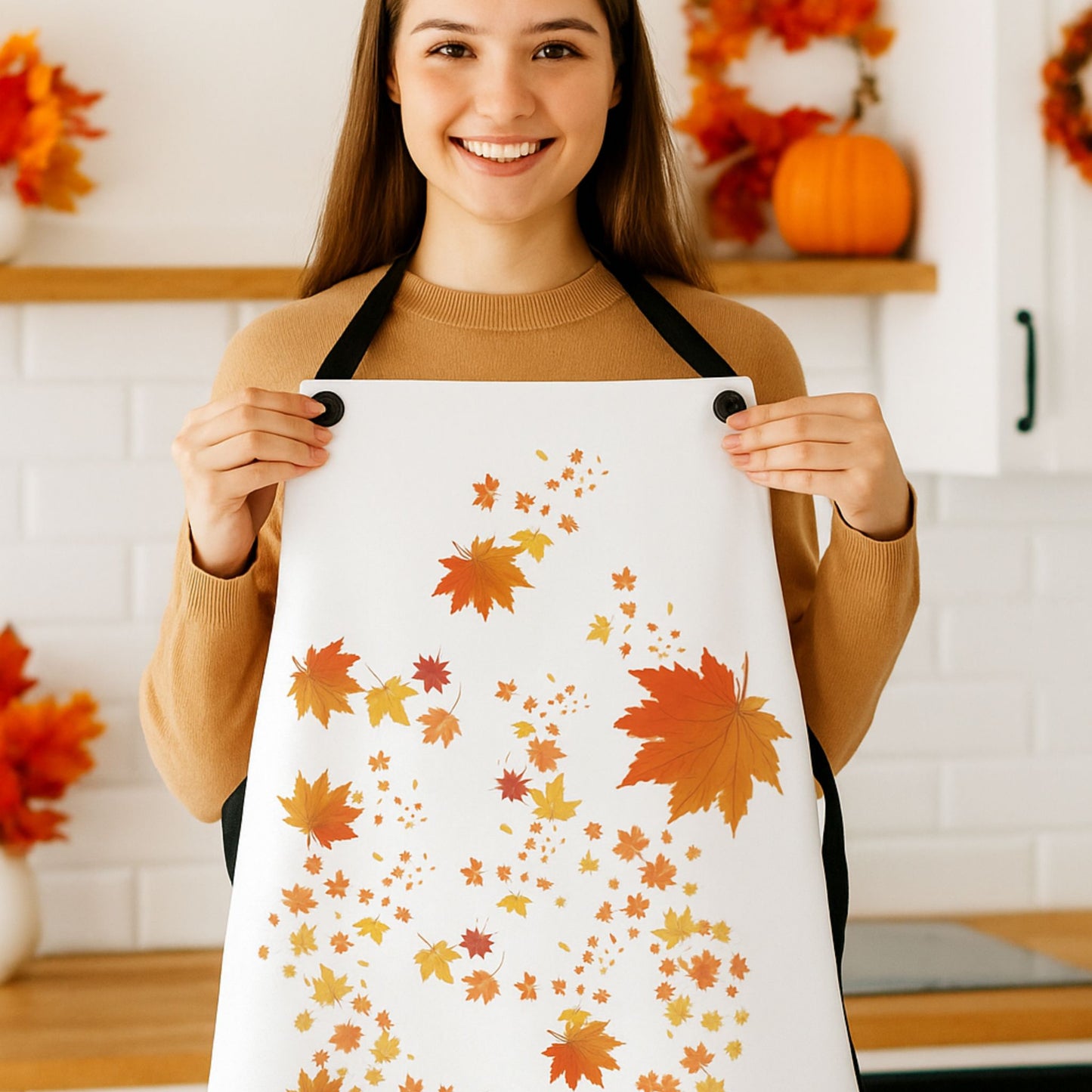 White Fall Leaves Apron | Grateful Cooking Apron | Holiday Gift