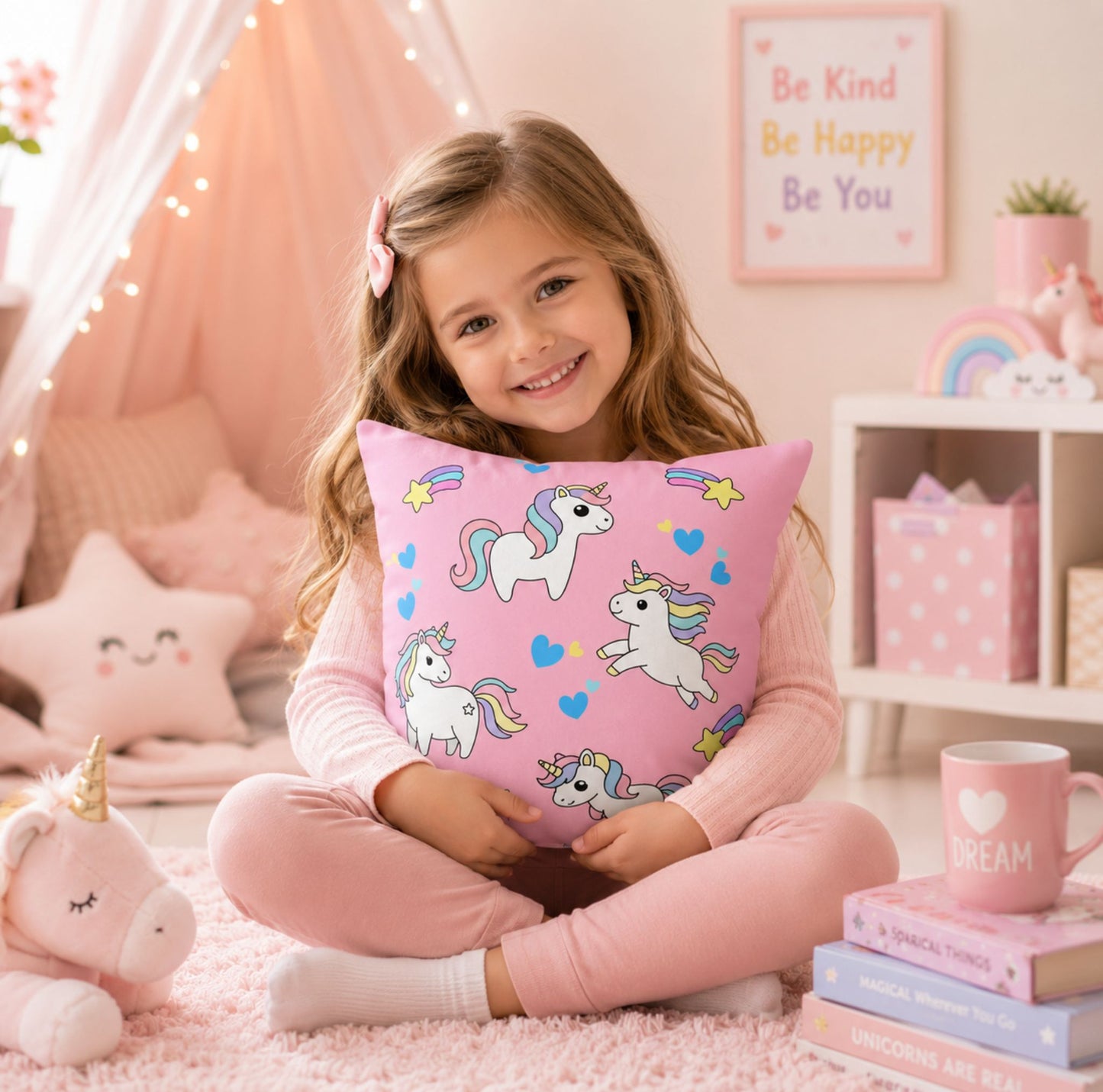 Cute Pastel Unicorn Pillowcase | Pink Kids Decorative Throw Pillow Cover