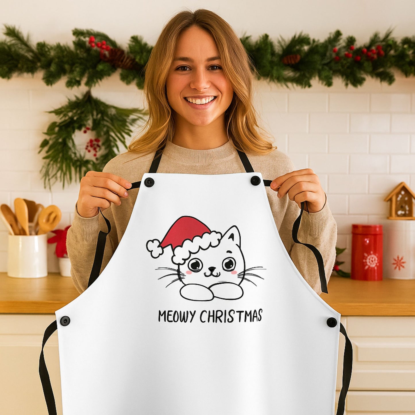 Meowy Christmas Cat Apron – Cute Funny Kitty Holiday Cooking Gift