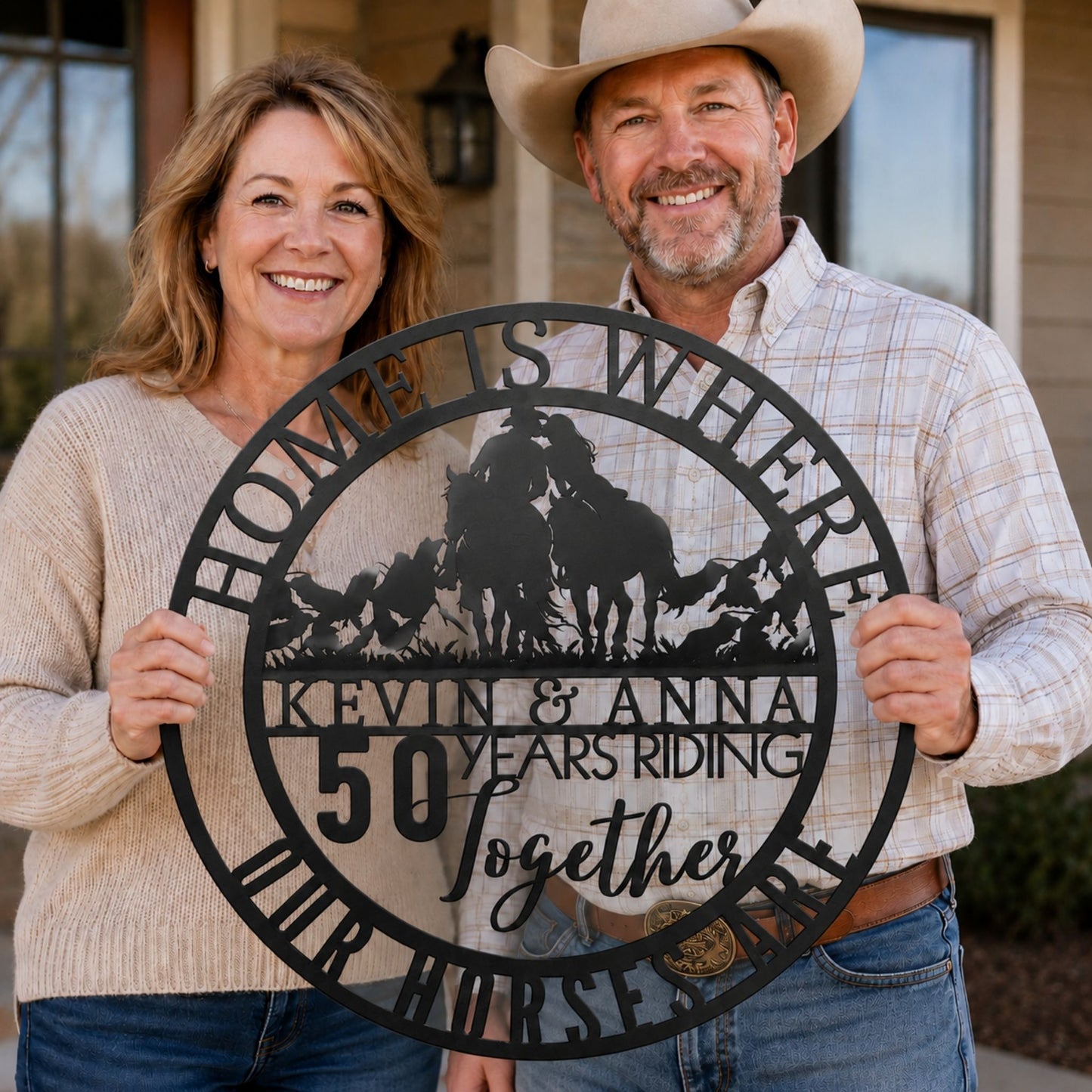 Home Is Where Our Horses Are Metal Sign | Couple Riding Horse Anniversary Decor