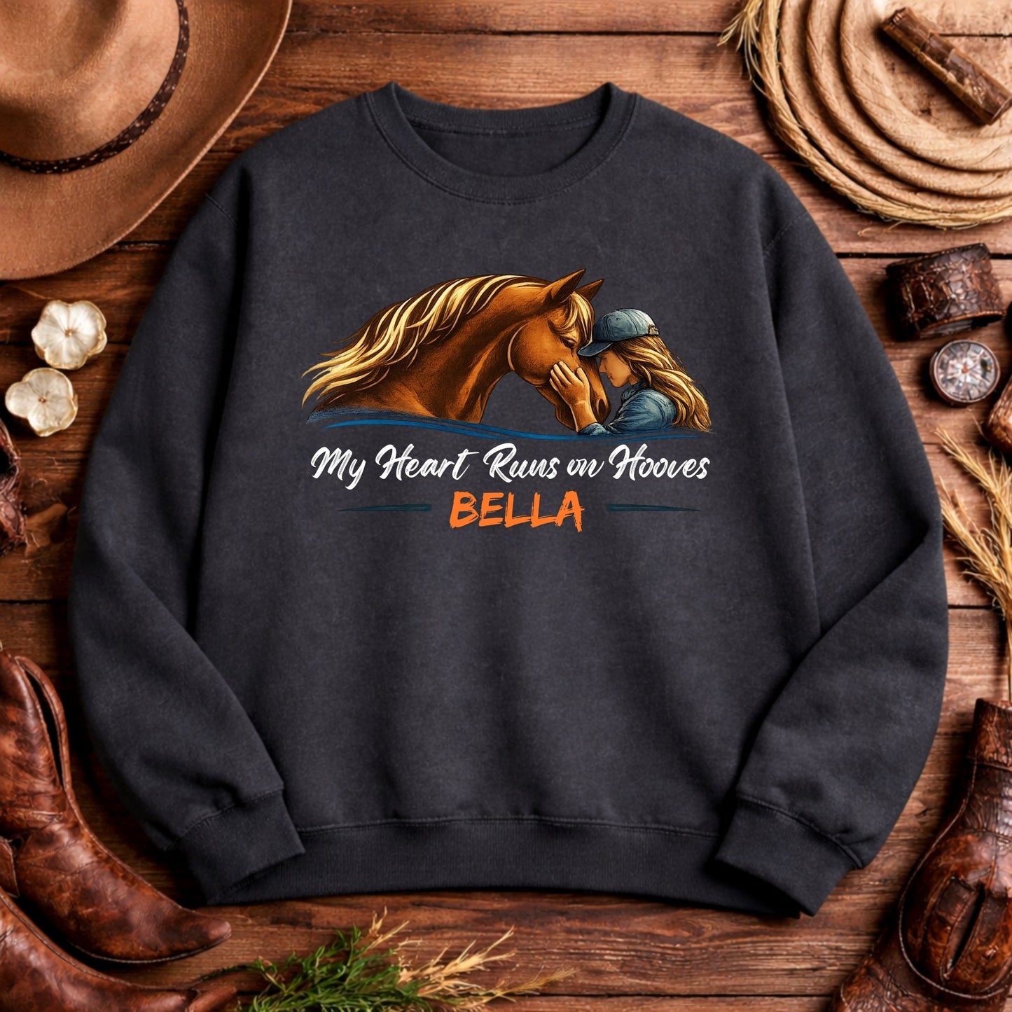 Custom Name My Heart Runs on Hooves Sweatshirt Horse Lovers Gift for Women
