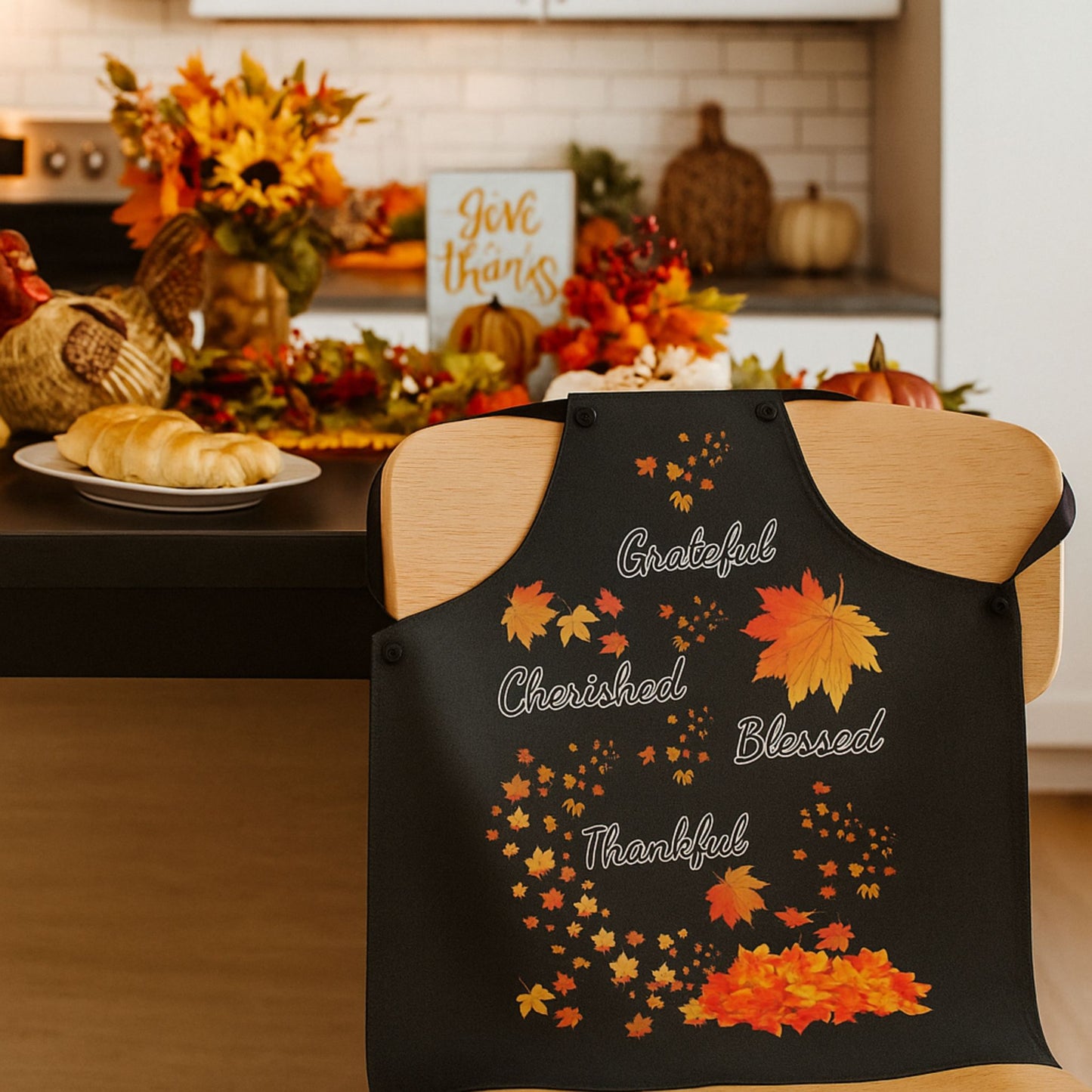 Black Grateful Thankful Blessed Apron | Fall Kitchen Gift | Thanksgiving