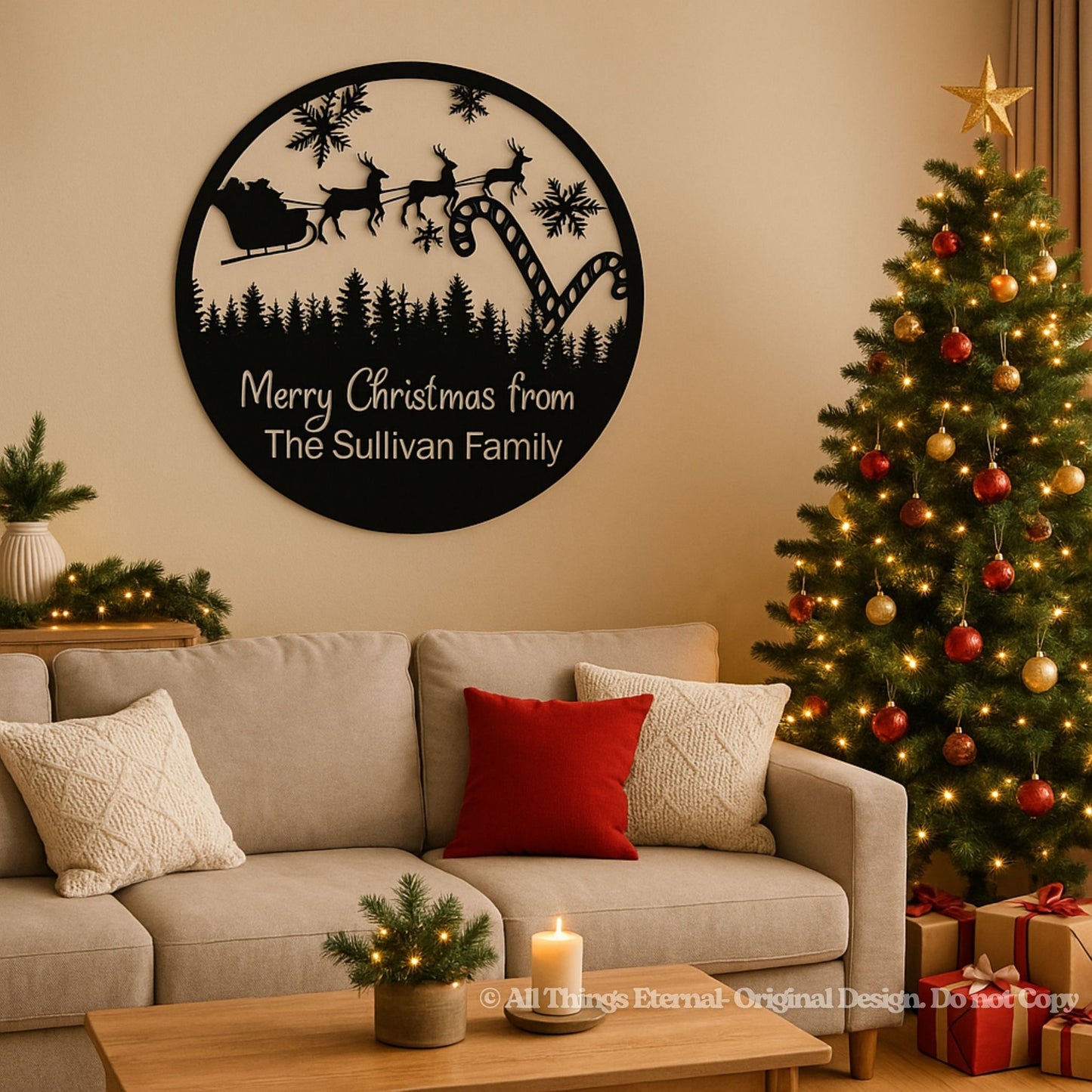 Personalized Family Name Christmas Metal Sign – Santa Sleigh Home Decoration