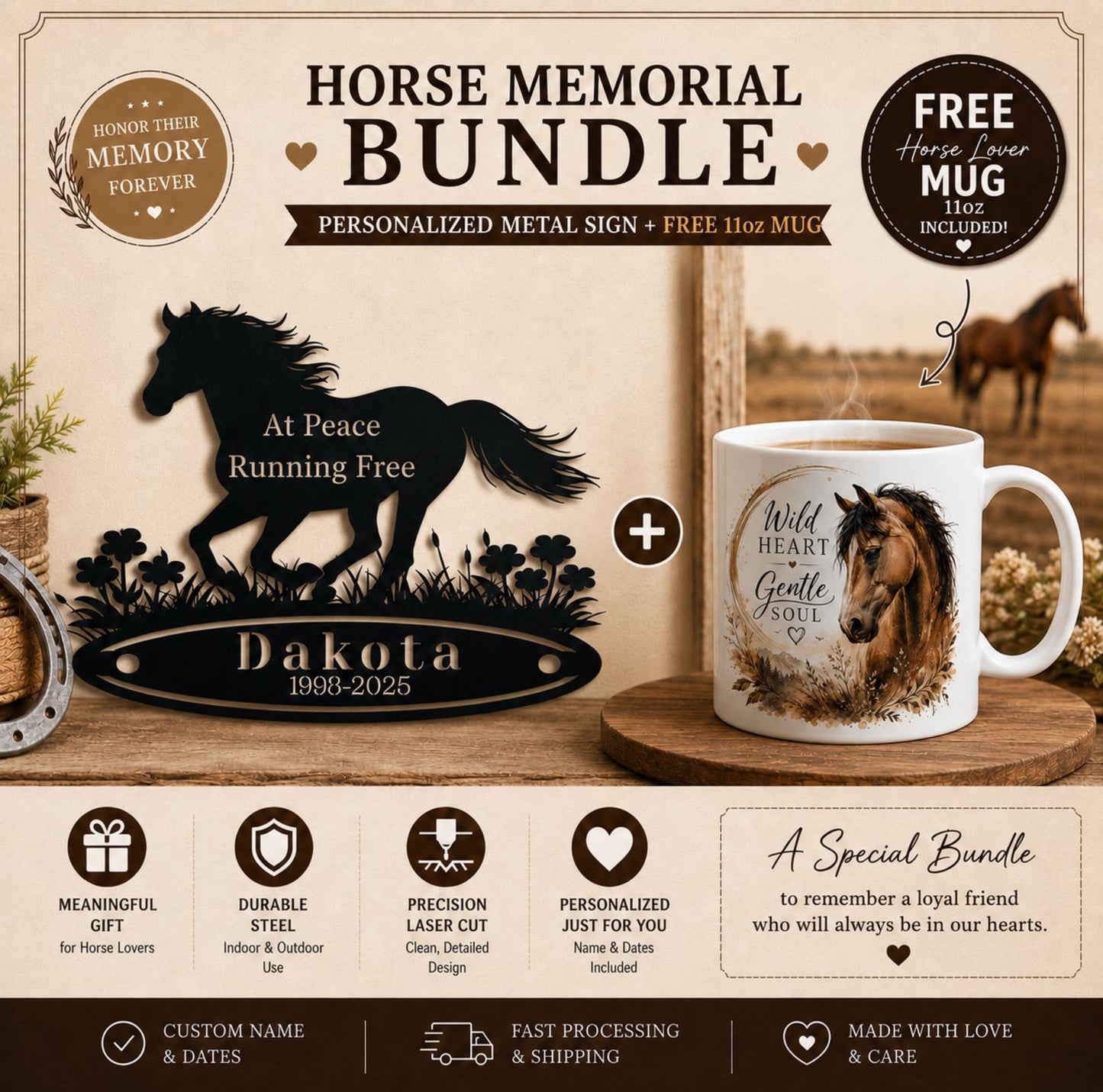 Personalized Horse Memorial Metal Sign + FREE Mug – At Peace Running Free