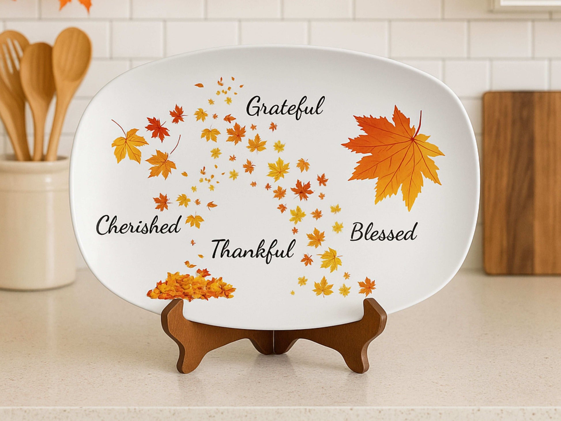Thanksgiving Serving Platter 10x14 – Autumn Leaves Grateful Blessed Thankful