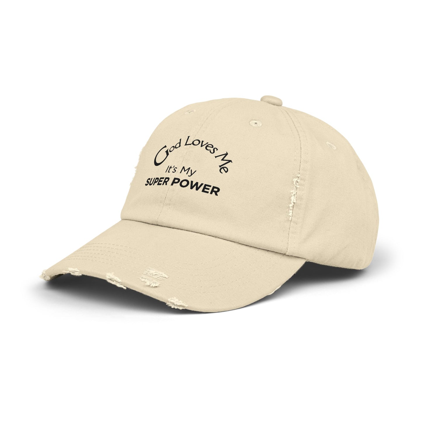 God Loves Me Super Power Cap – Distressed Christian Baseball Hat