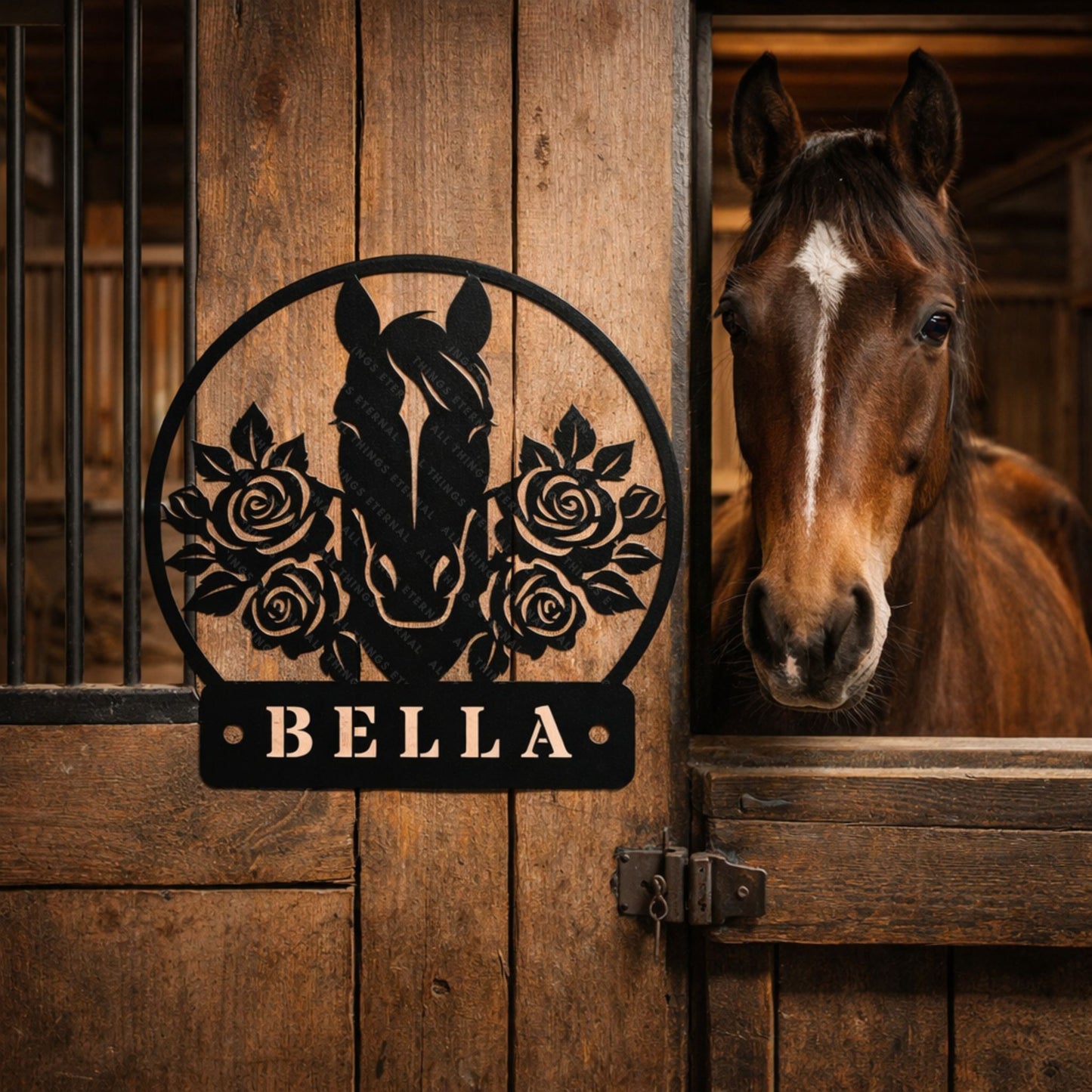 Personalized Horse Stall Name Metal Sign | Floral Horse Barn Wall Decor
