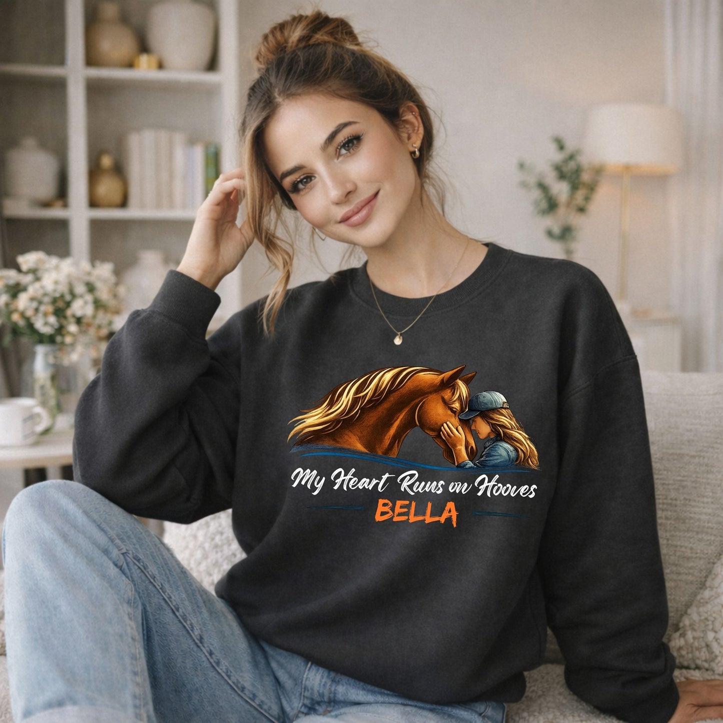 Custom Name My Heart Runs on Hooves Sweatshirt Horse Lovers Gift for Women