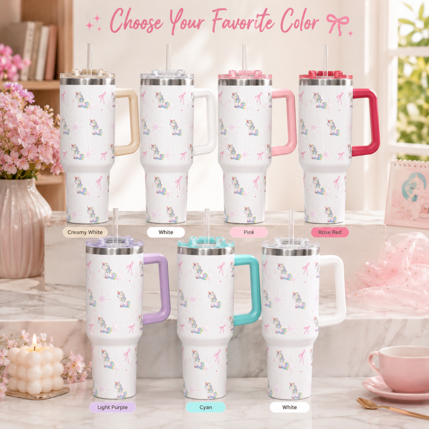 40oz Unicorn Pattern Vacuum Tumbler with Straw | Insulated Travel Mug