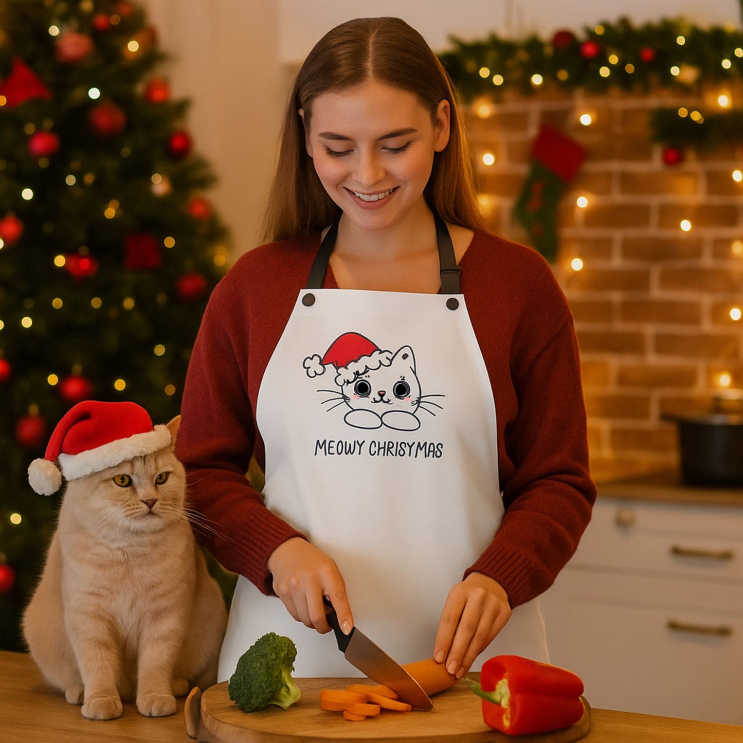 Meowy Christmas Cat Apron – Cute Funny Kitty Holiday Cooking Gift