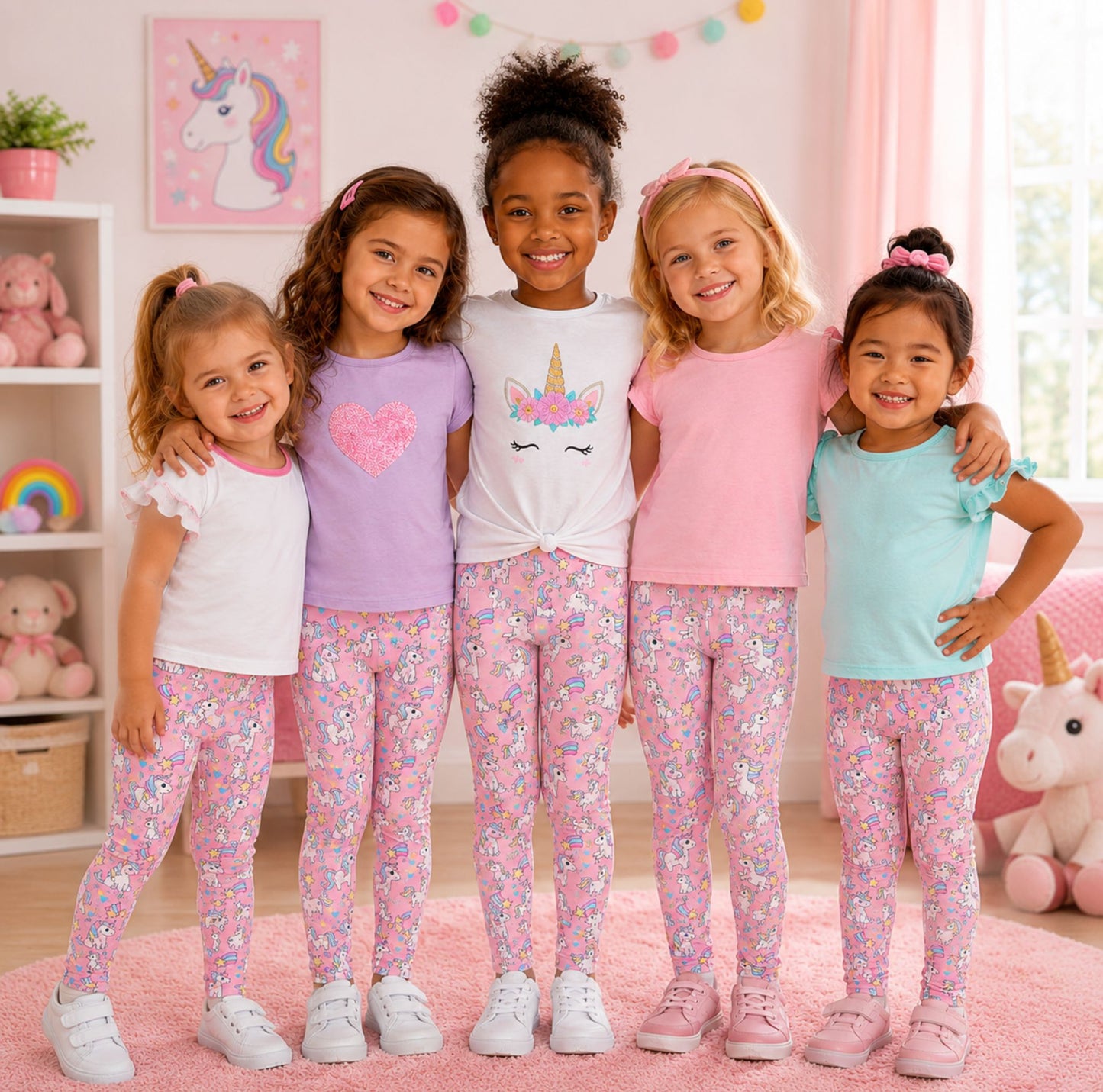 Pink Unicorn Kids Leggings — Cute Rainbow Stars All-Over Print