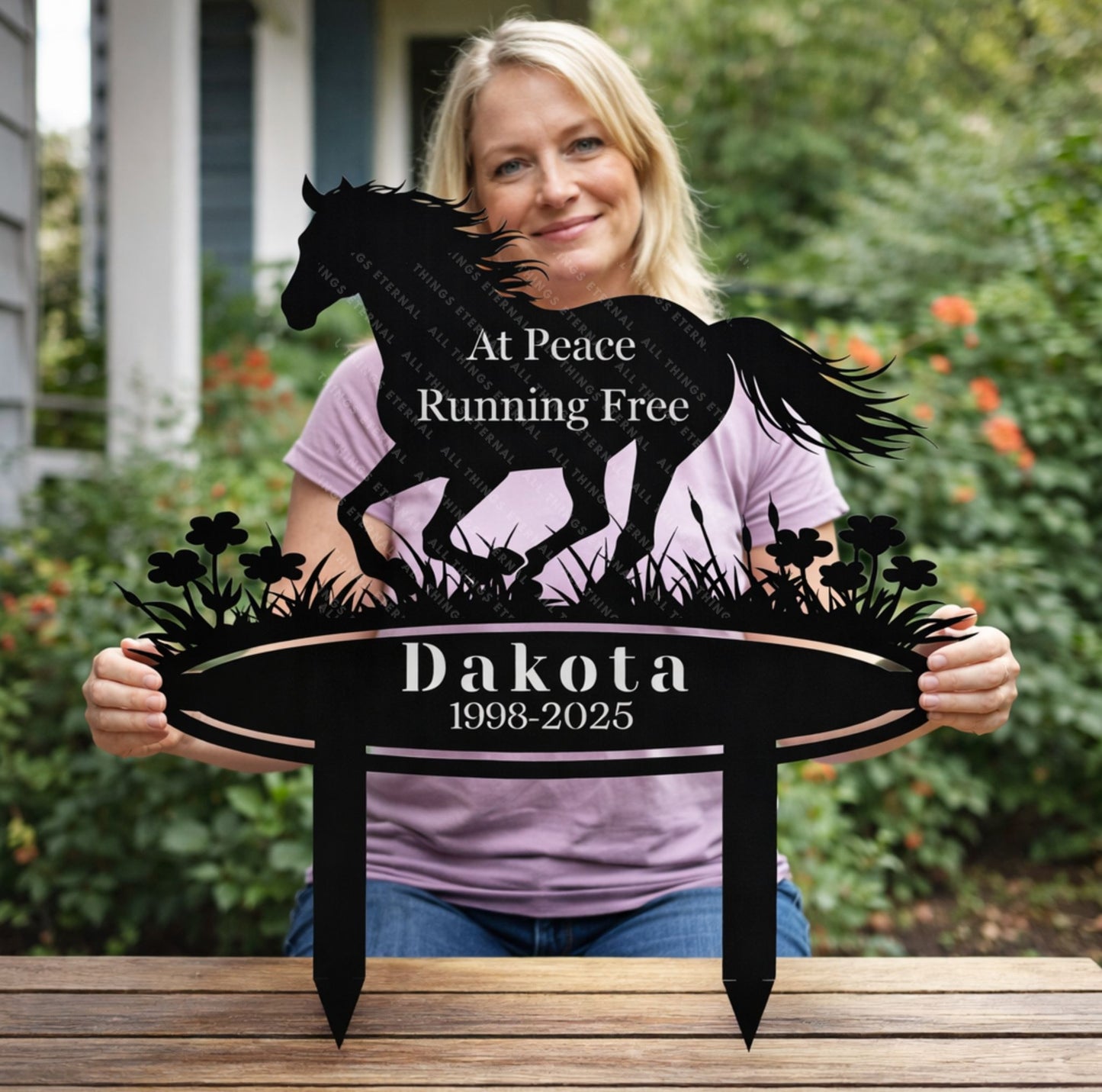 Horse Memorial Metal Garden Stake – Custom Running Horse Tribute Sign with Name & Dates