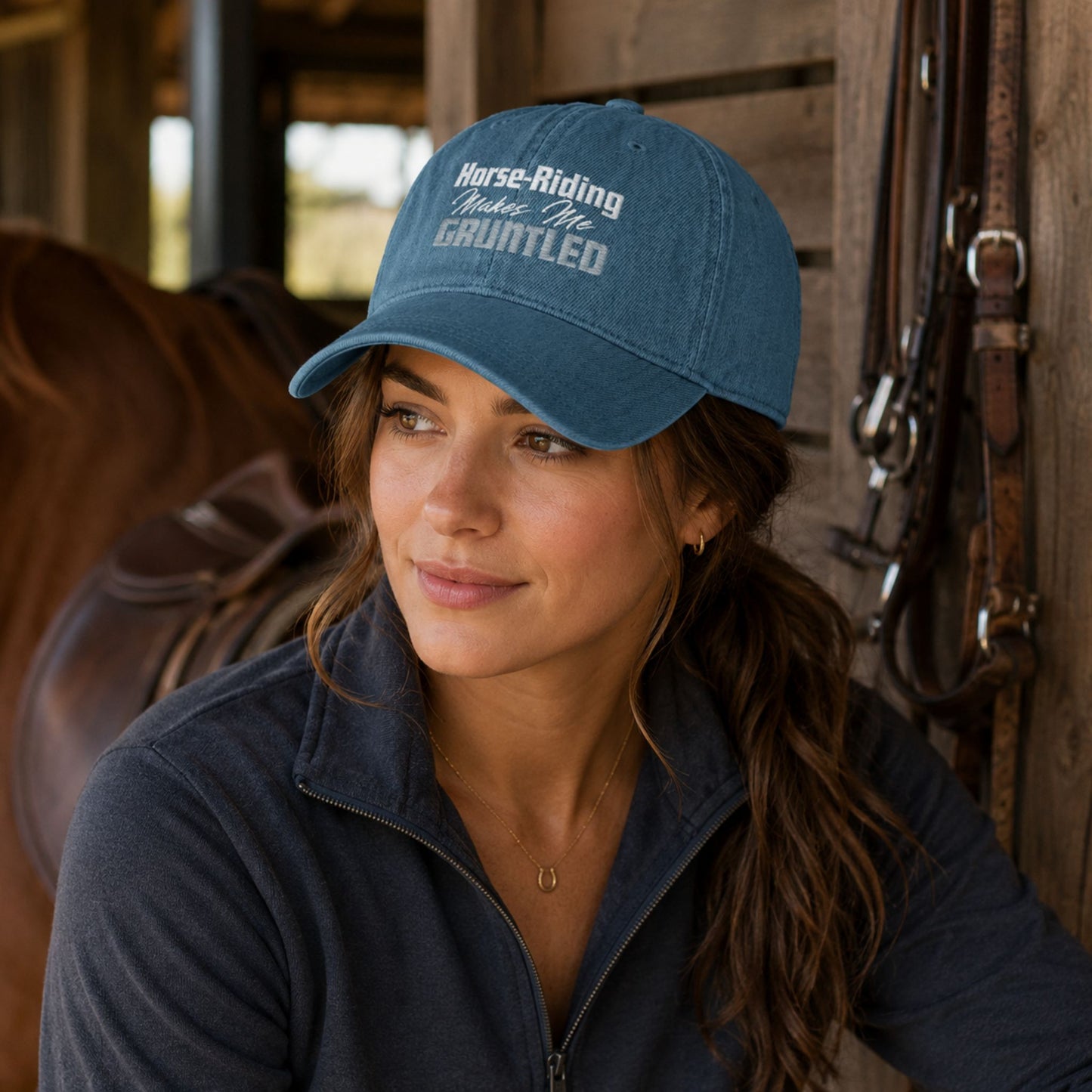 Horse-Riding Makes Me Gruntled Denim Hat — Embroidered Equestrian Cap