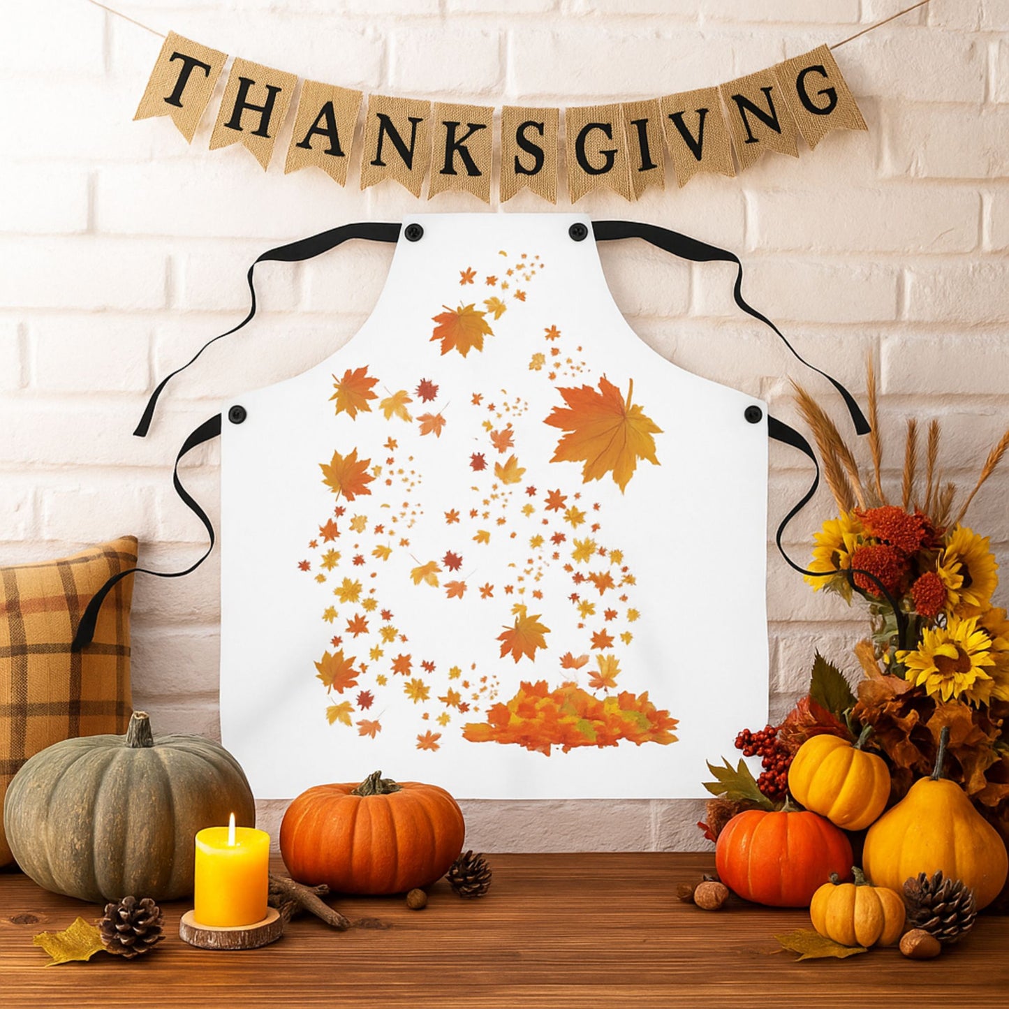 White Fall Leaves Apron | Grateful Cooking Apron | Holiday Gift