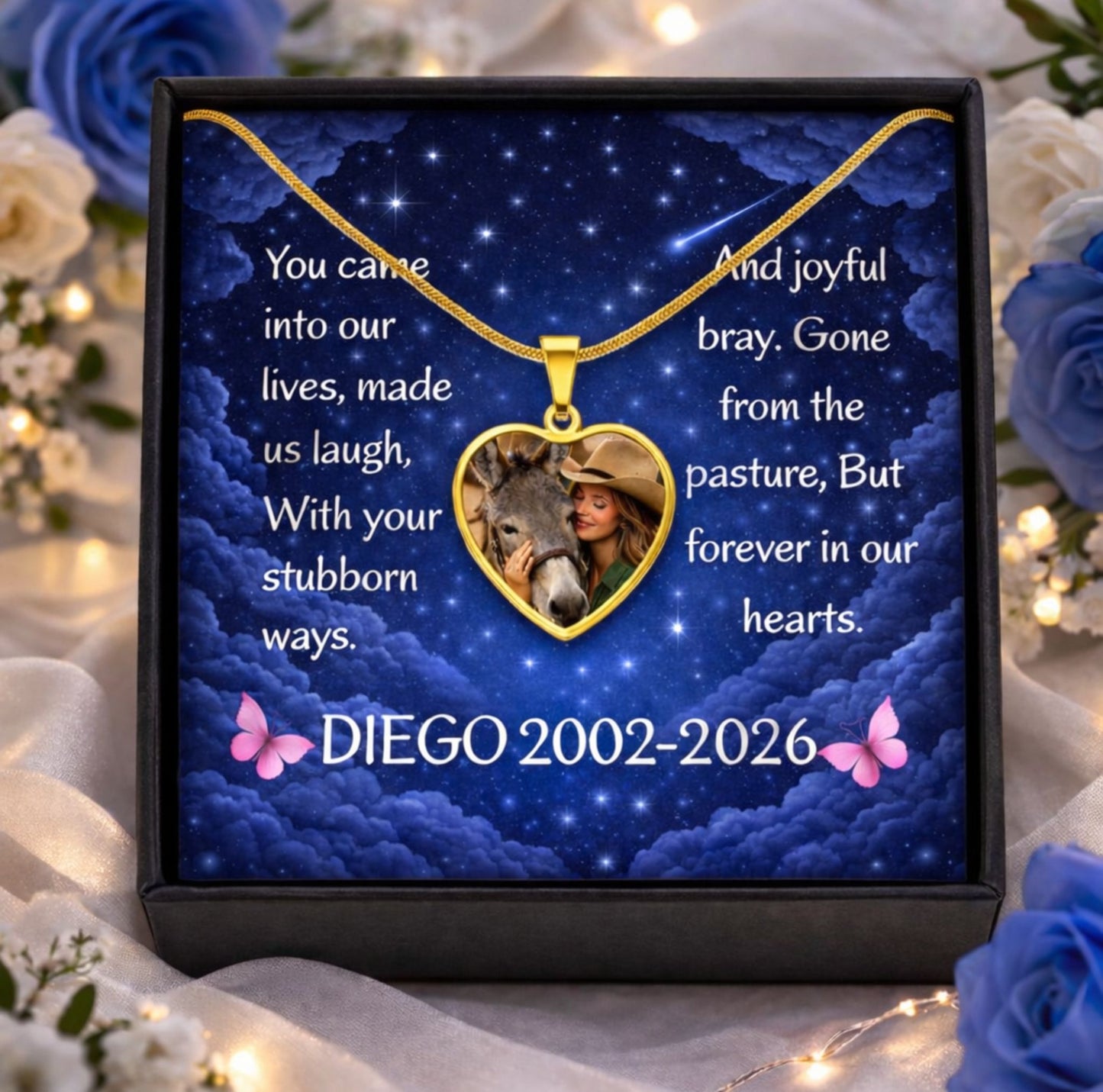 Custom Donkey Memorial Heart Necklace with Personalized Message Card