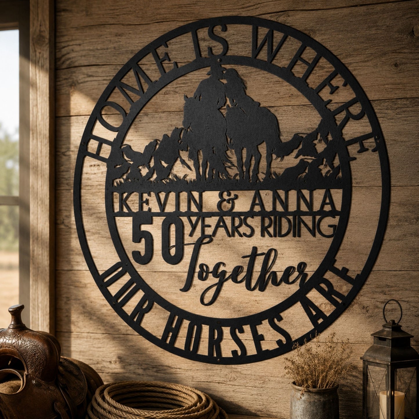 Home Is Where Our Horses Are Metal Sign | Couple Riding Horse Anniversary Decor
