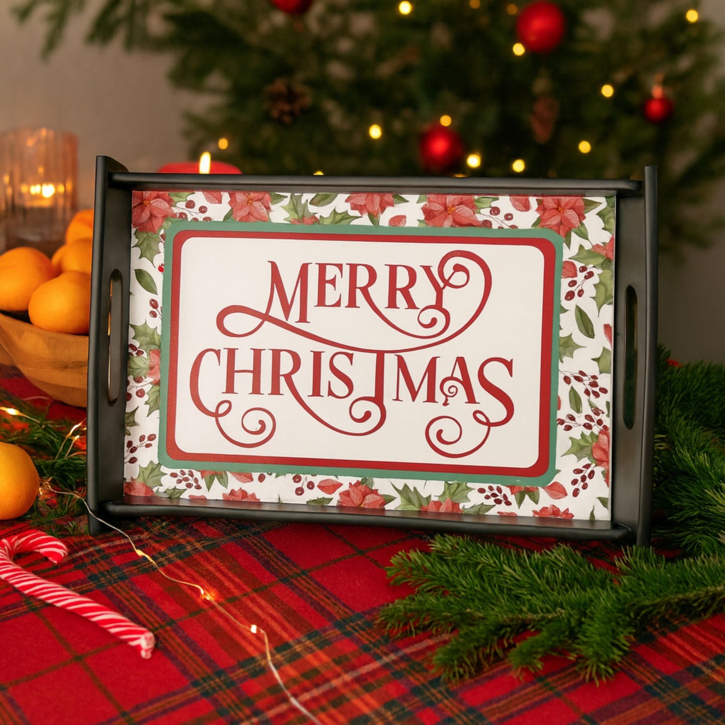 Espresso Black Merry Christmas Serving Tray – Large Wooden Holiday Platter