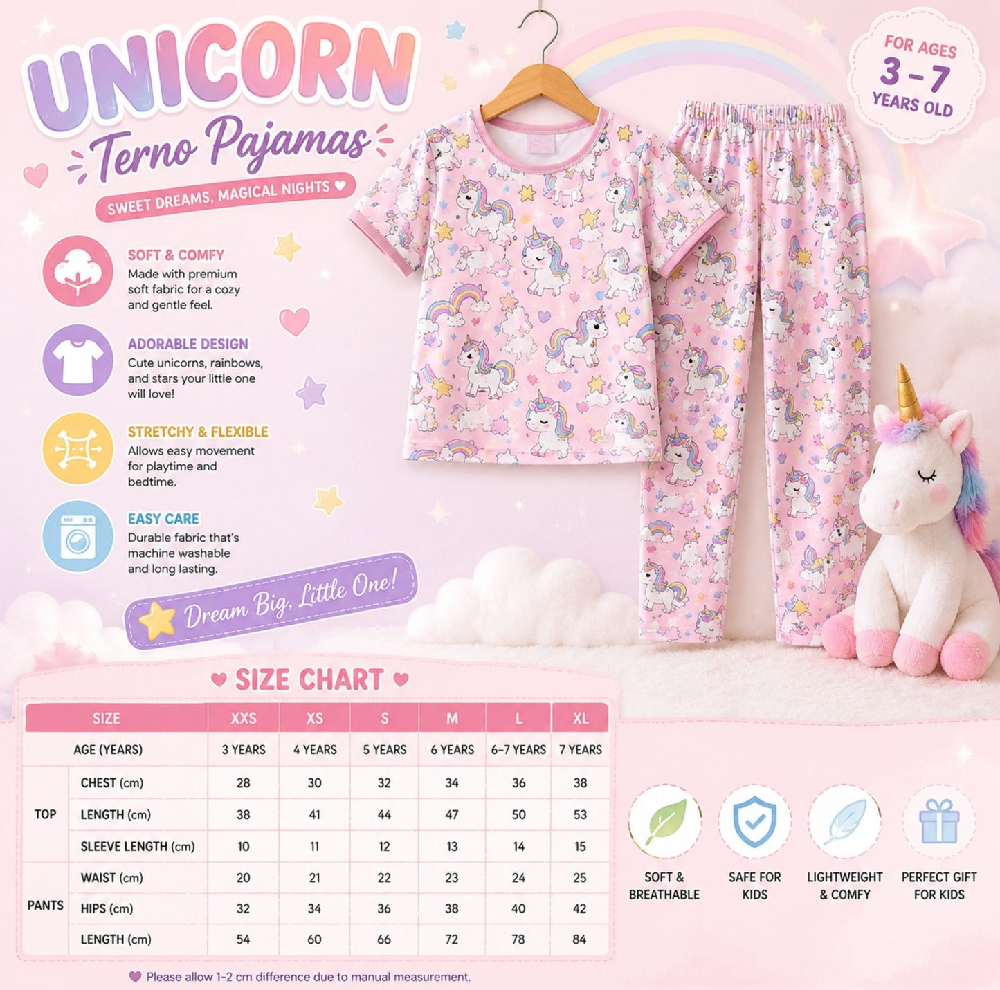 Cute Unicorn All-Over Print Girls Crew Neck Pajama Set