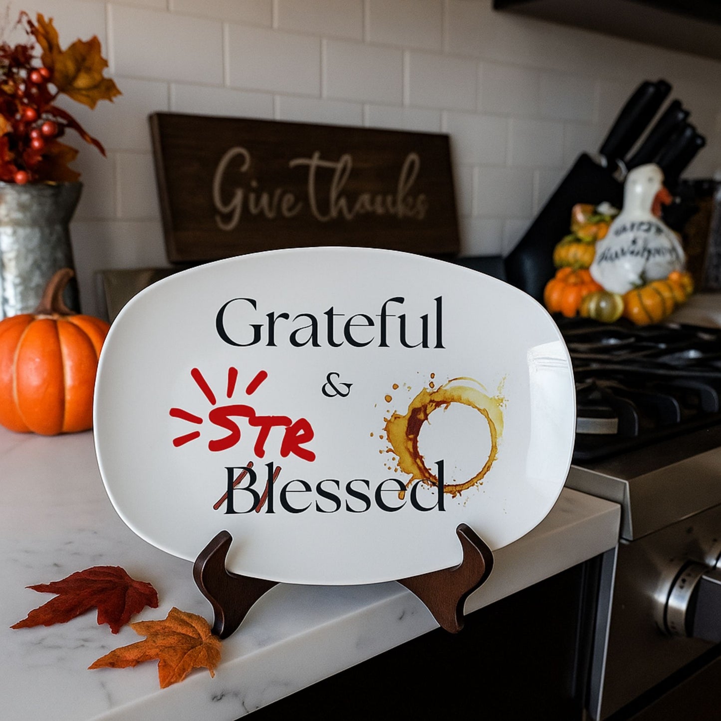 Grateful & Blessed 14x14 Serving Platter – Thanksgiving Gift
