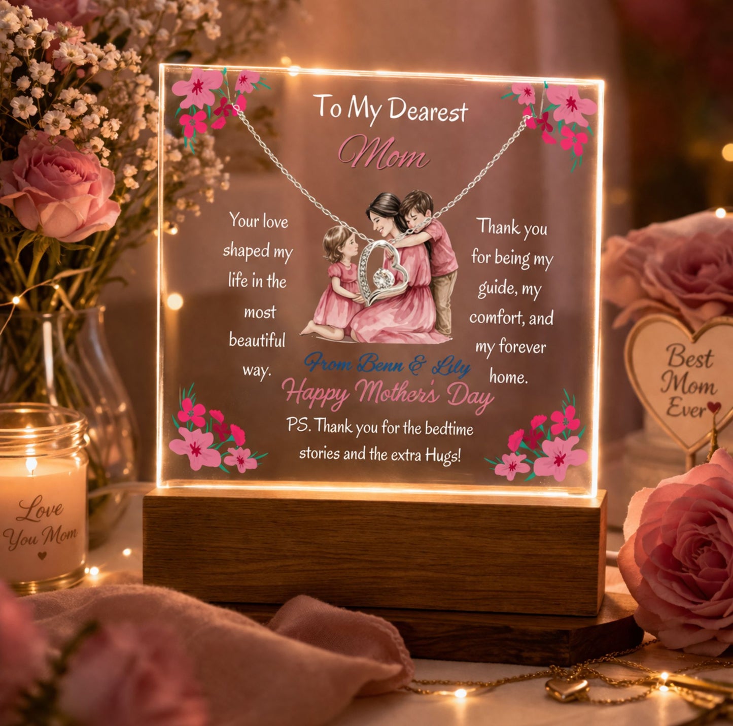 Personalized To My Dearest Mom  Forever Love Necklace Acrylic Plaque Mother's Day Gift