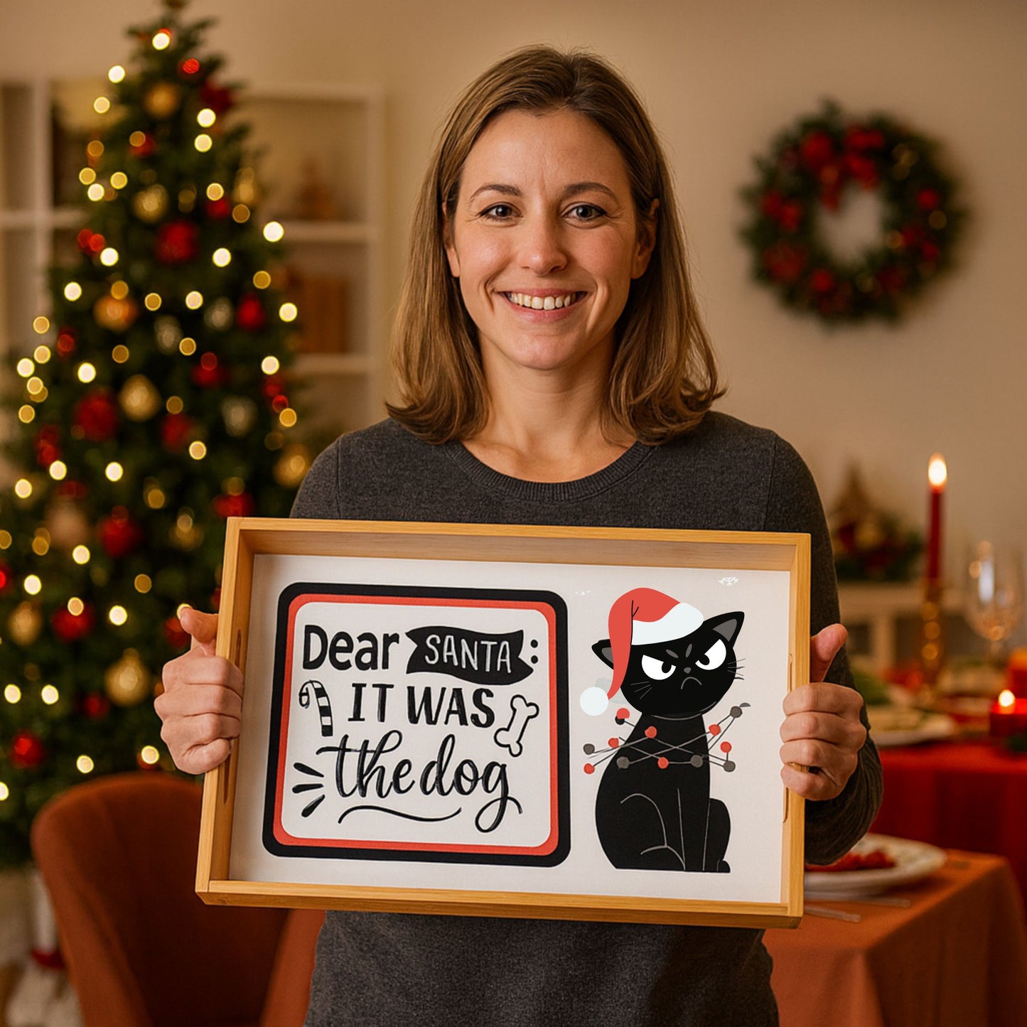 Funny Cat Wood Serving Tray | Christmas & Holiday Party Platter