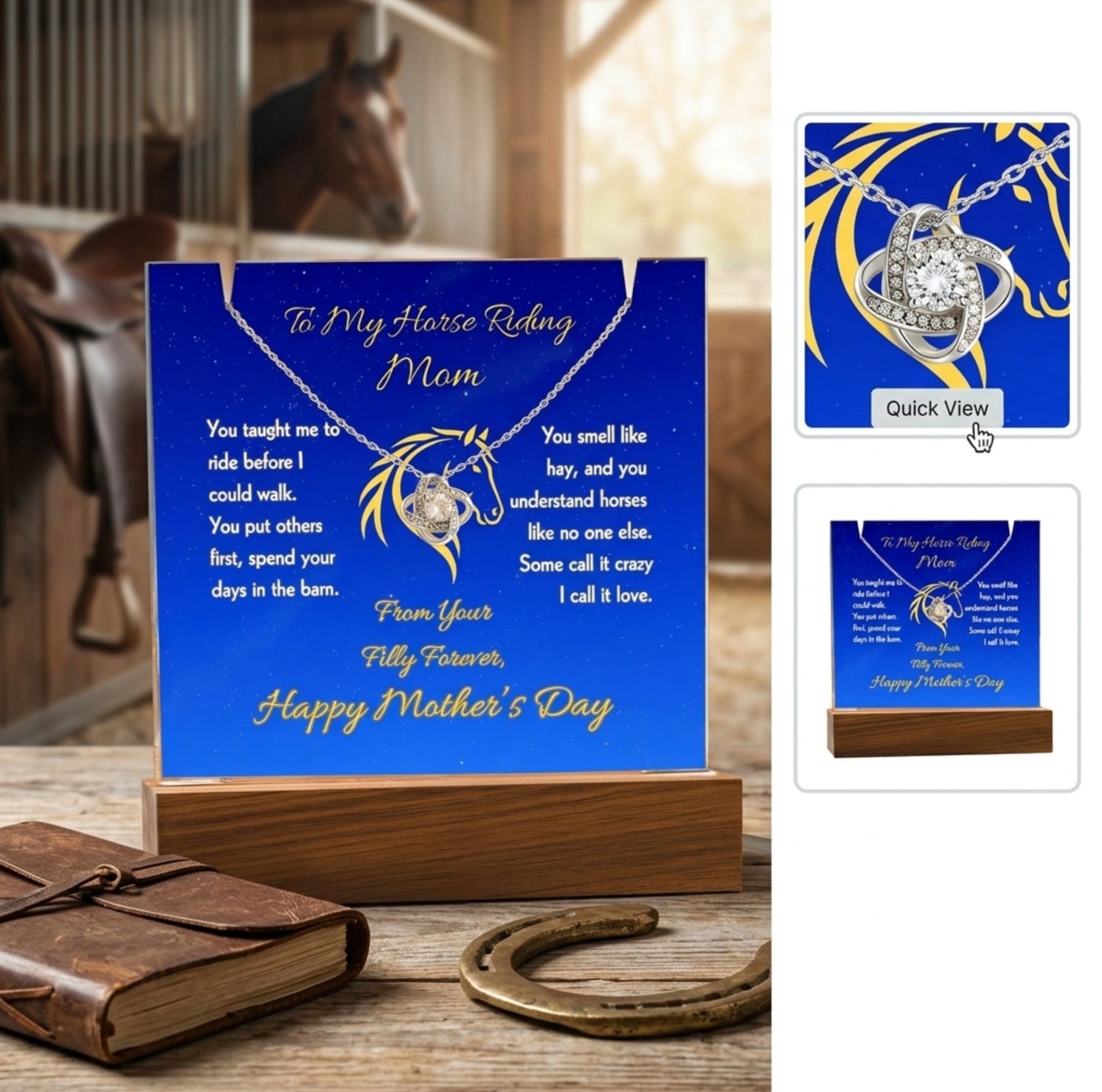 Horse Mom Love Knot Necklace with Message Plaque Mother's Day