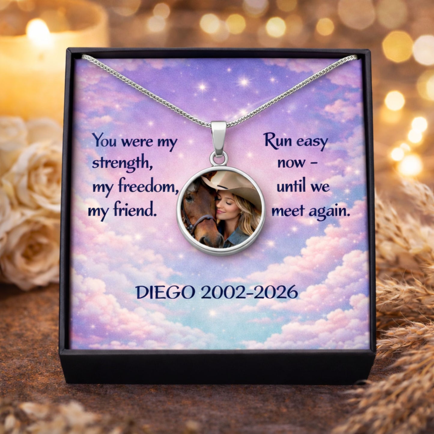 Custom Horse Memorial Photo Circle Necklace with Message Card Gift