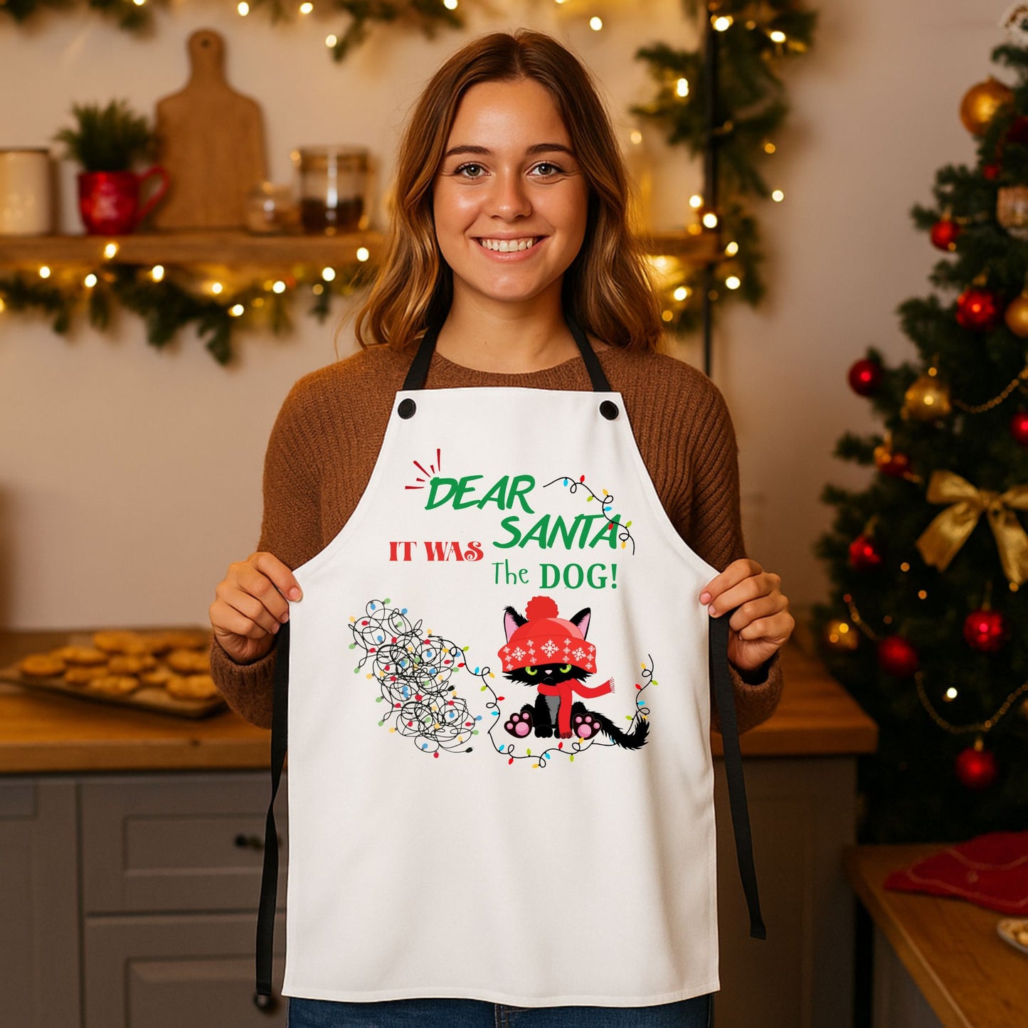 Funny Cat Lover Apron – “It Was the Dog” Christmas Cooking Gift