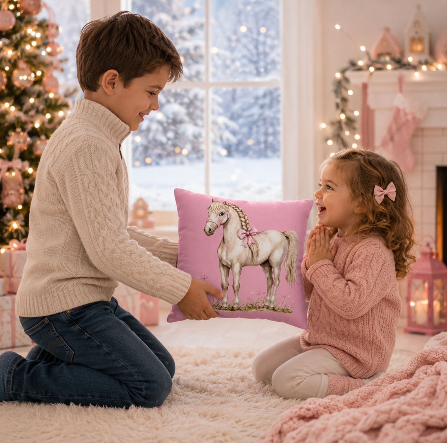 Pink Pony Decorative Pillowcase — Cute White Horse Throw Pillow Cover