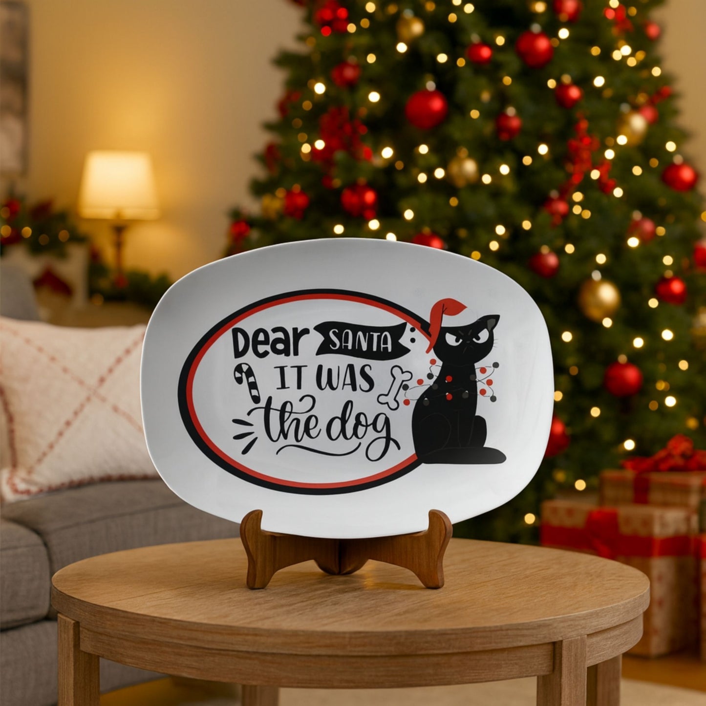 Funny Cat “Dear Santa It Was the Dog” Serving Tray – Holiday Platter