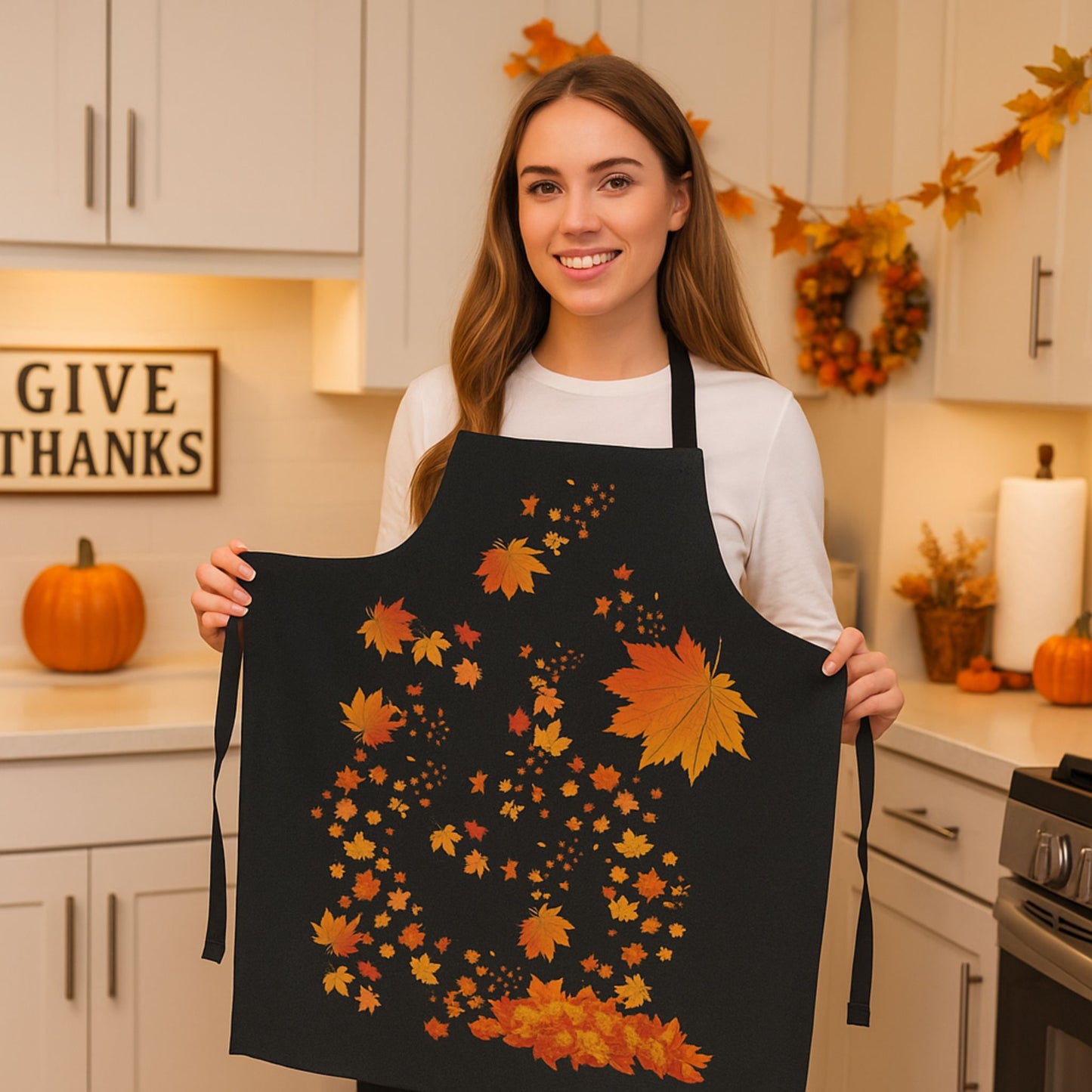 Black Fall Leaves Apron | Grateful Cooking & Thanksgiving Gift