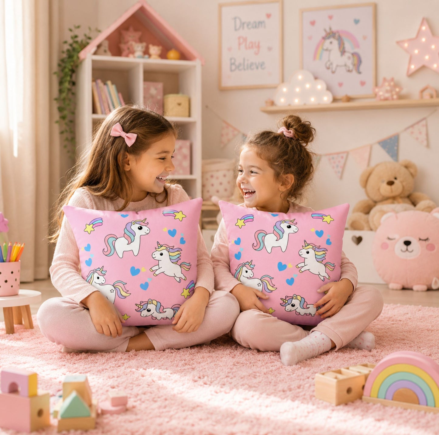 Cute Pastel Unicorn Pillowcase | Pink Kids Decorative Throw Pillow Cover