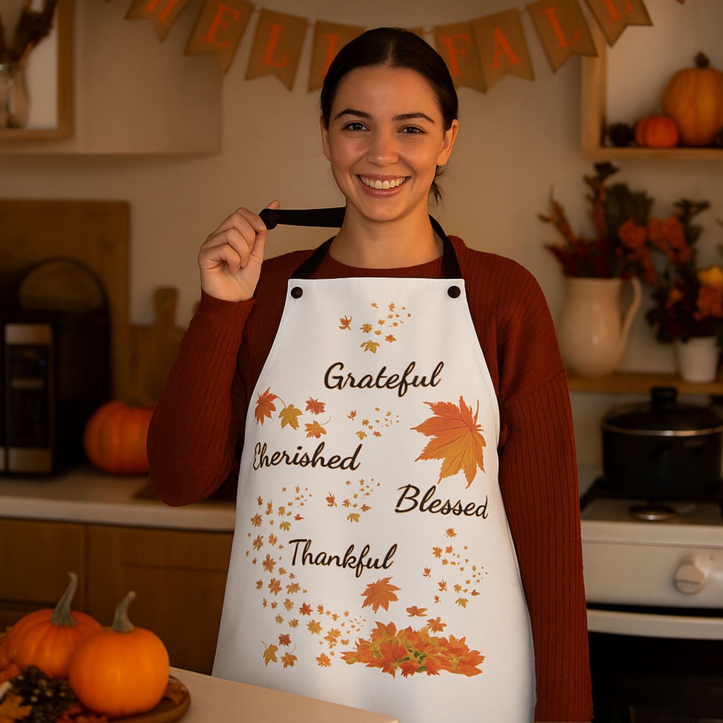 White Thankful Autumn Apron | Fall Cooking Apron | Thanksgiving Gift
