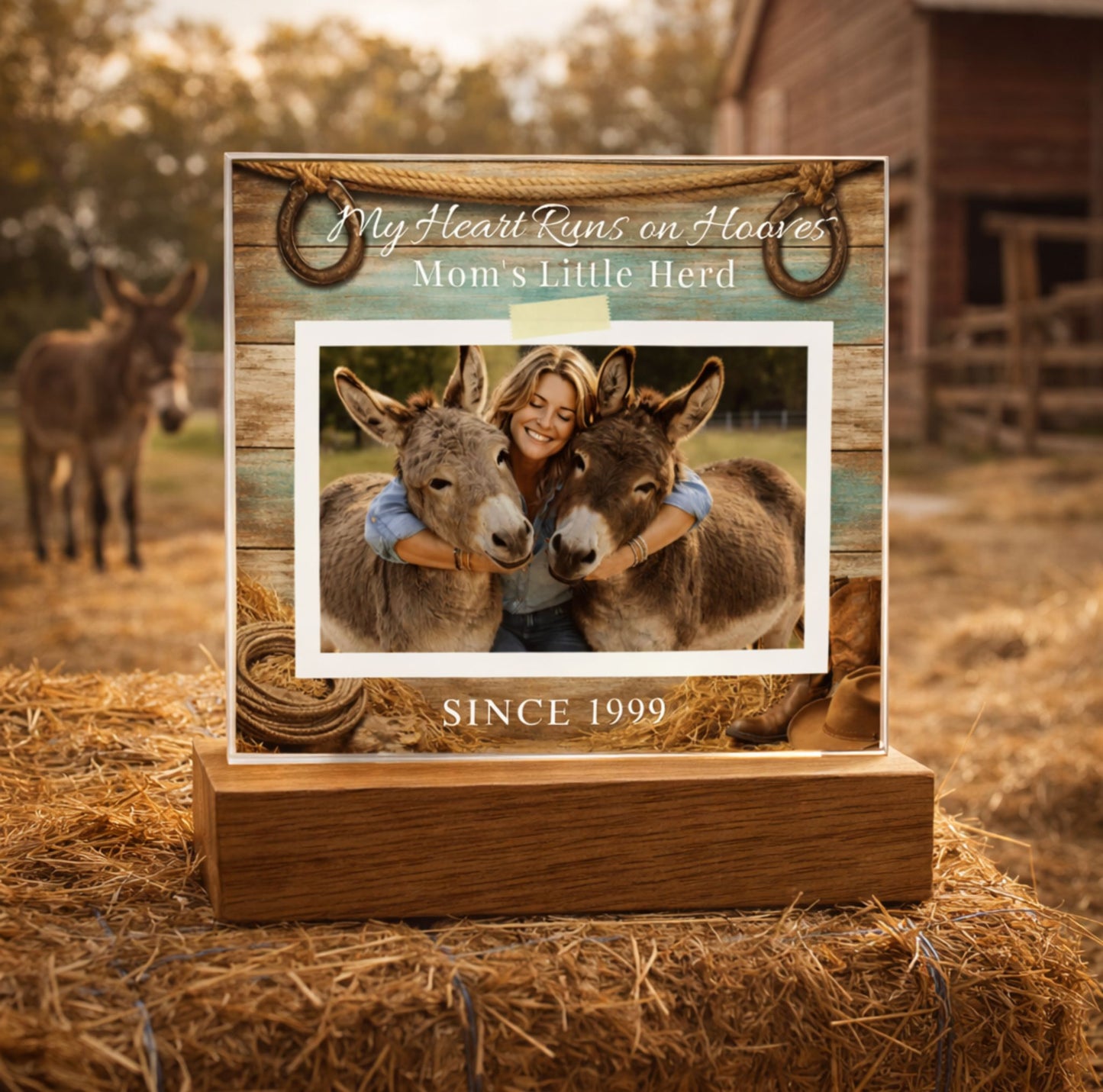 Personalized Donkey Mom Photo Square Acrylic Plaque – My Heart Runs on Hooves With Name & Date