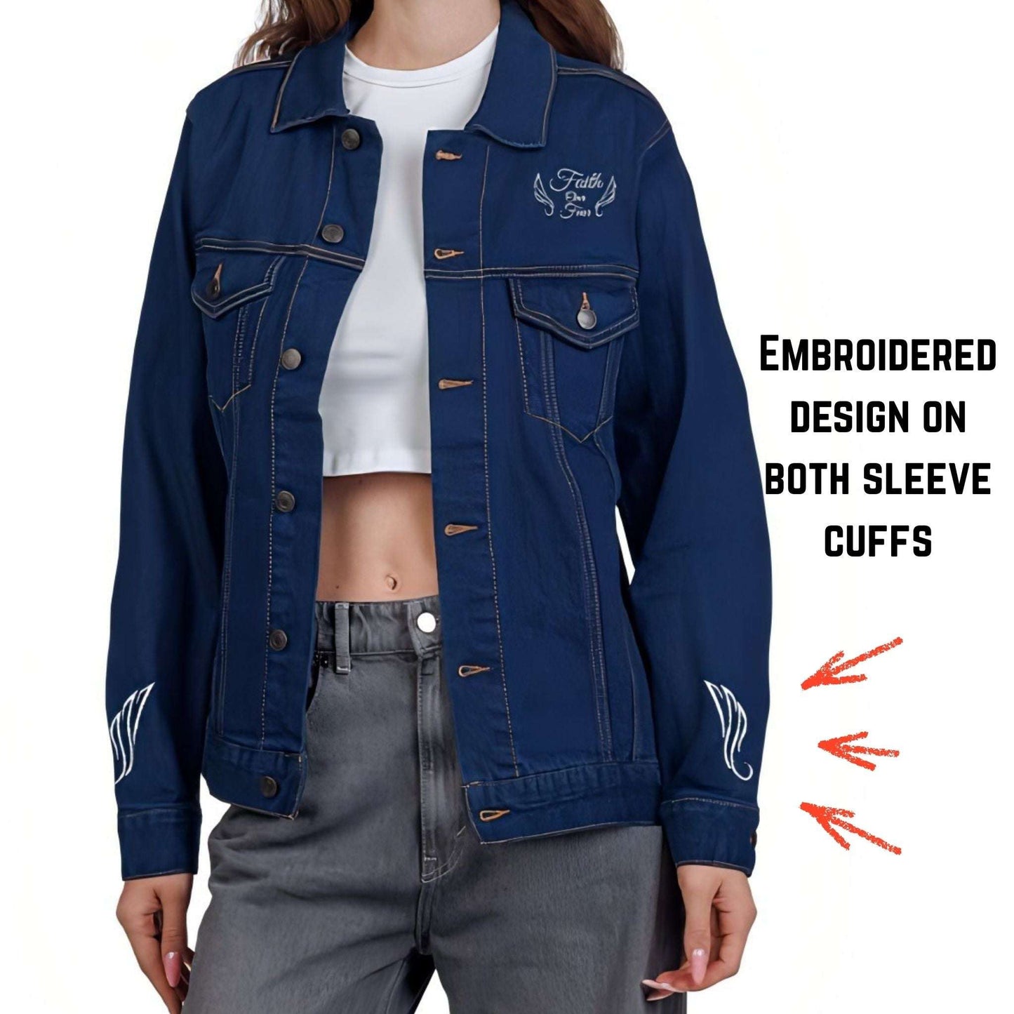 Embroidered Faith Over Fear Women's Denim Jacket