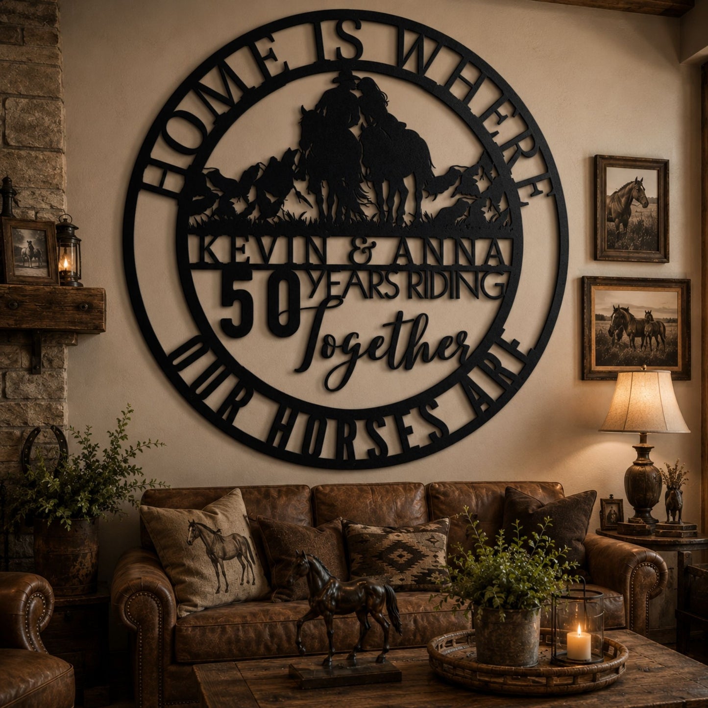 Home Is Where Our Horses Are Metal Sign | Couple Riding Horse Anniversary Decor