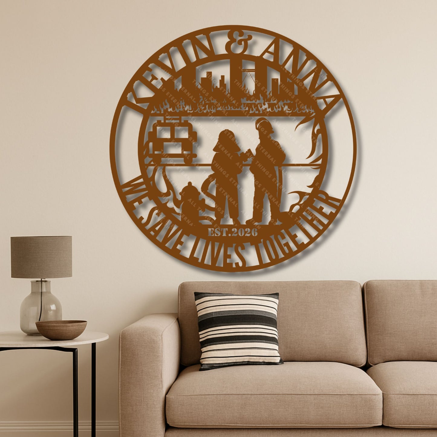 Personalized Firefighter Couple Metal Sign – Custom Name Wall Art