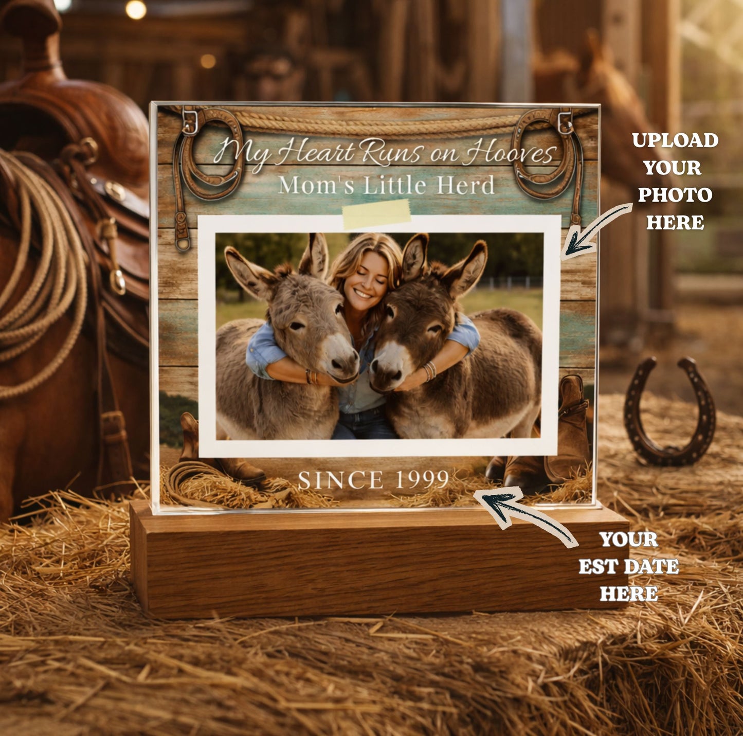 Personalized Donkey Mom Photo Square Acrylic Plaque – My Heart Runs on Hooves With Name & Date